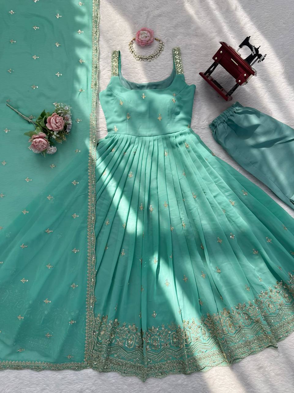 Mint Green Designer Embroidered Anarkali Suit Set with Dupatta & Pant