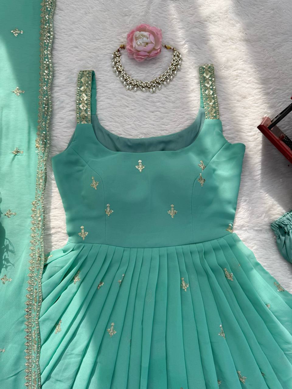 Mint Green Designer Embroidered Anarkali Suit Set with Dupatta & Pant