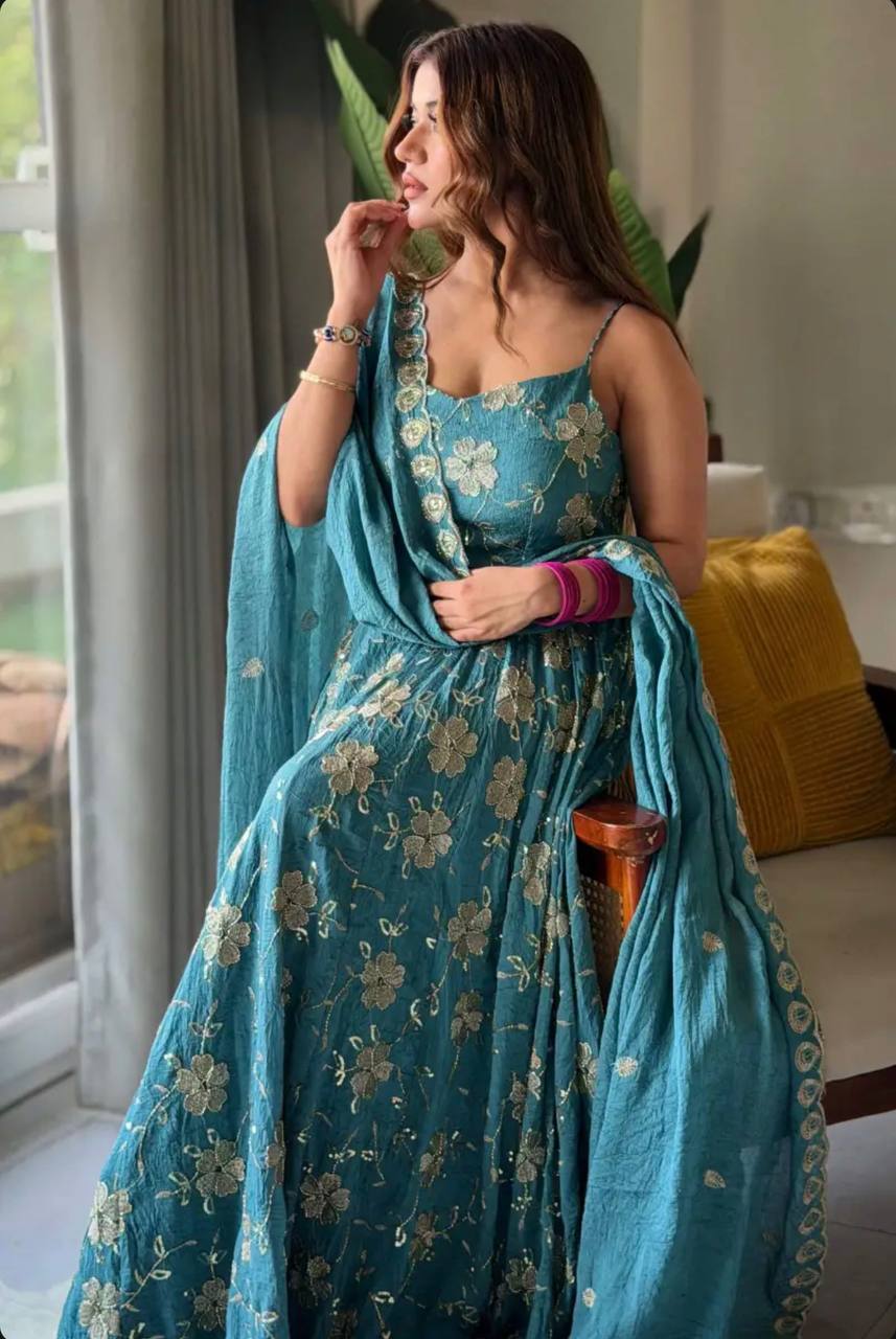 Women’s Designer Heavy Crushi Silk Anarkali Suit with Dupatta | Partywear Ethnic Set