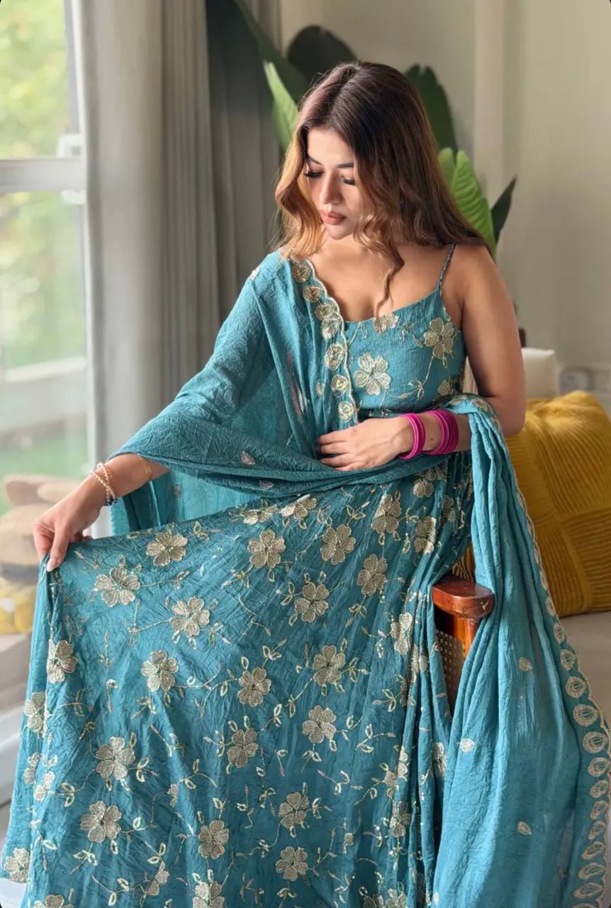 Women’s Designer Heavy Crushi Silk Anarkali Suit with Dupatta | Partywear Ethnic Set