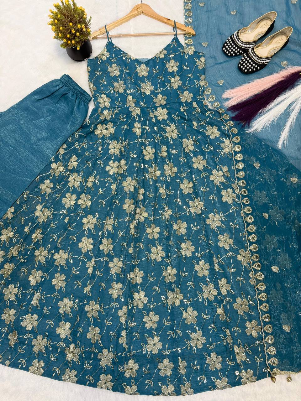 Women’s Designer Heavy Crushi Silk Anarkali Suit with Dupatta | Partywear Ethnic Set