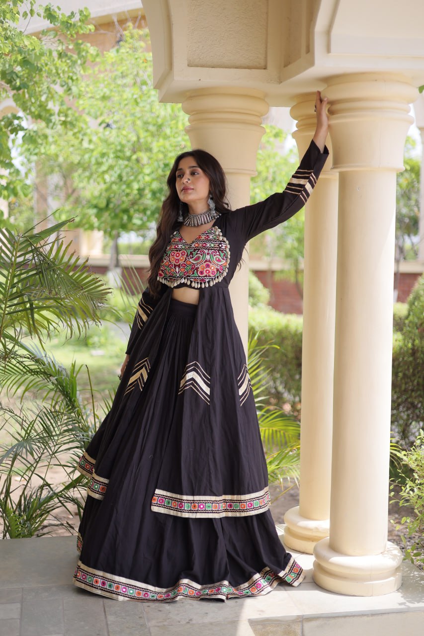 Black Gamthi & Gota Patti Lehenga with Embroidered Shrug | Full-Stitched