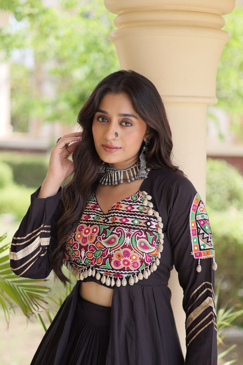 Black Gamthi & Gota Patti Lehenga with Embroidered Shrug | Full-Stitched