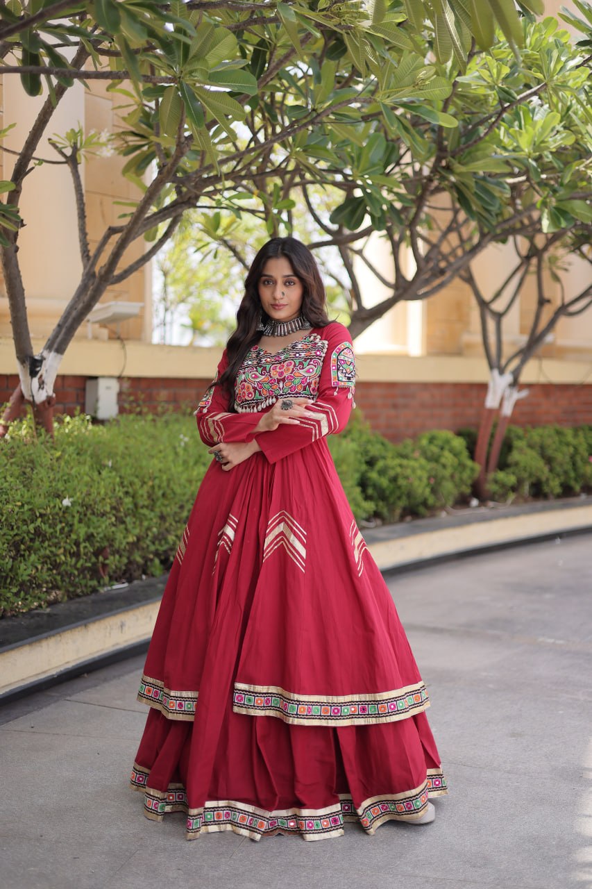 Maroon Gamthi Mirror Work Lehenga Set with Embroidered Shrug