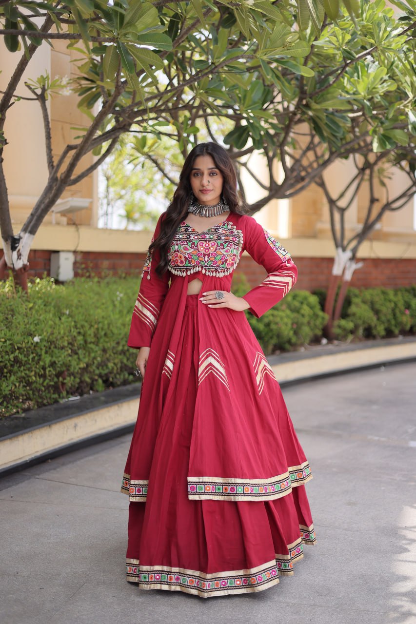 Maroon Gamthi Mirror Work Lehenga Set with Embroidered Shrug