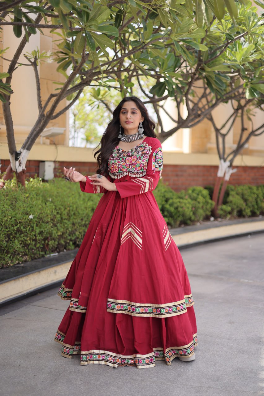 Maroon Gamthi Mirror Work Lehenga Set with Embroidered Shrug