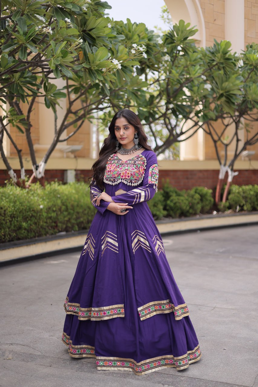 Purple Kora Cotton Gamthi & Mirror Work Full-Stitched Lehenga Set