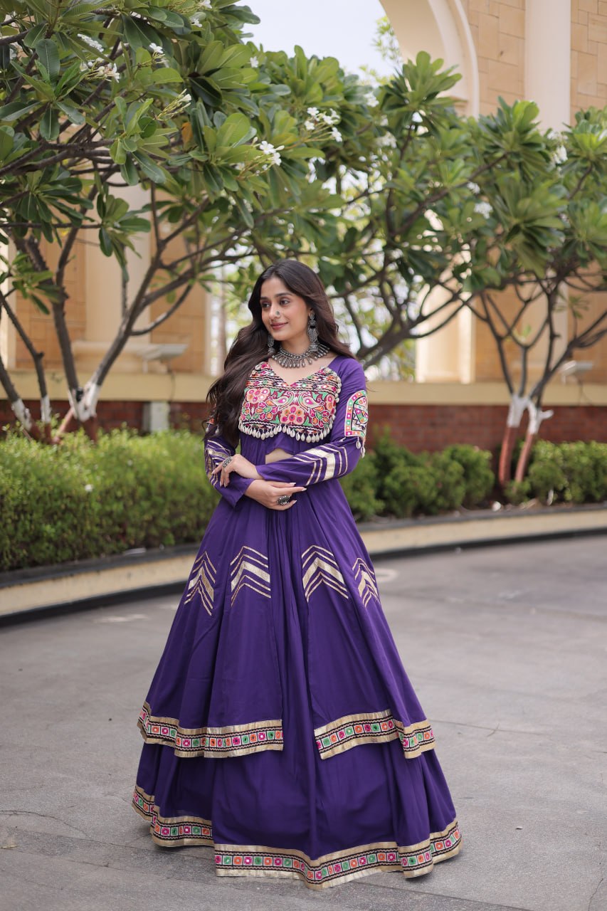 Purple Kora Cotton Gamthi & Mirror Work Full-Stitched Lehenga Set