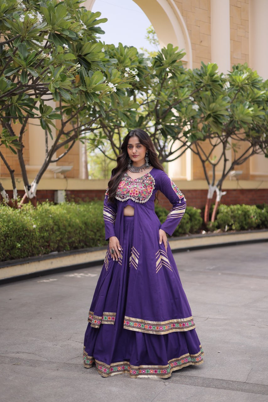 Purple Kora Cotton Gamthi & Mirror Work Full-Stitched Lehenga Set