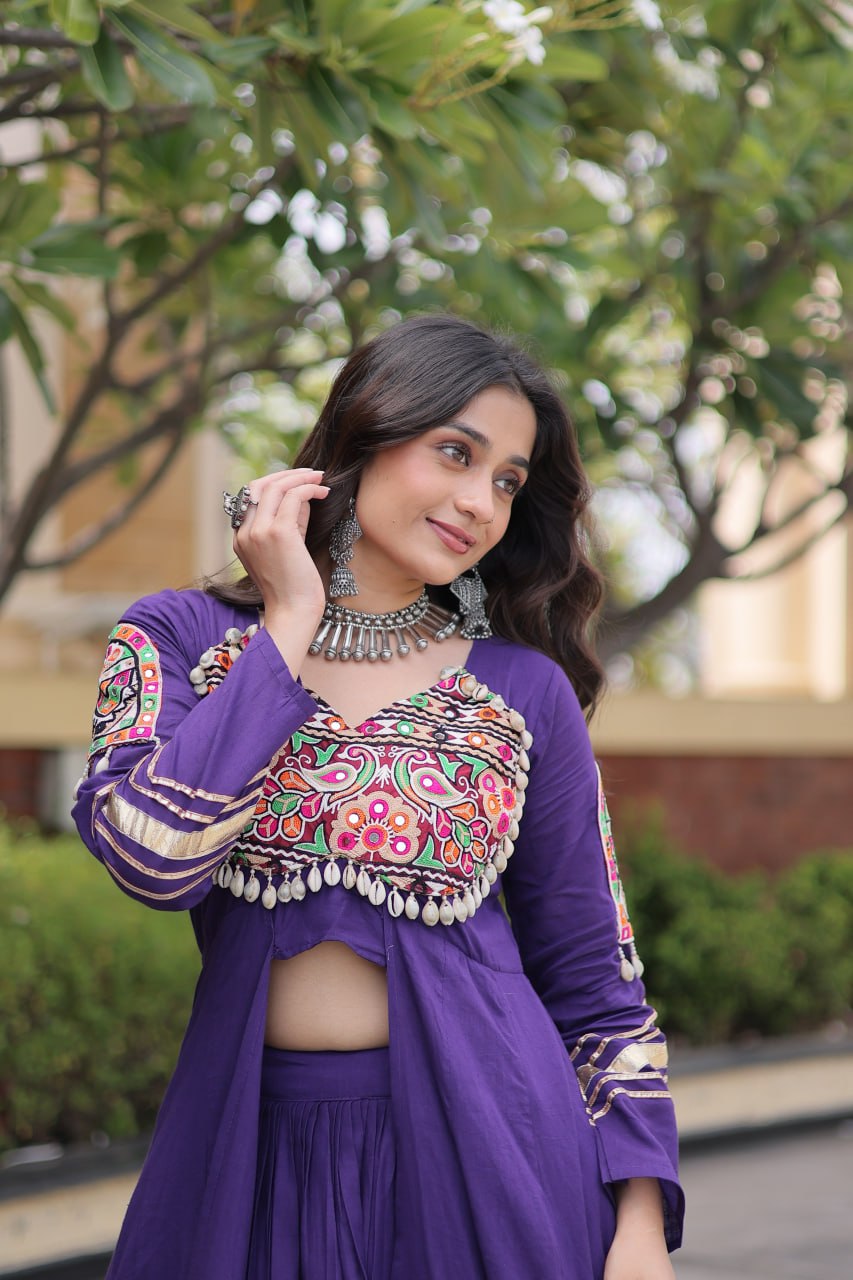 Purple Kora Cotton Gamthi & Mirror Work Full-Stitched Lehenga Set