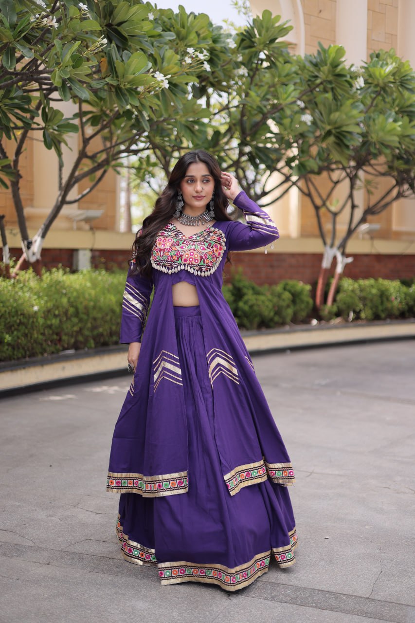 Purple Kora Cotton Gamthi & Mirror Work Full-Stitched Lehenga Set