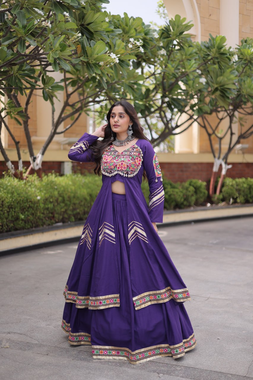 Purple Kora Cotton Gamthi & Mirror Work Full-Stitched Lehenga Set