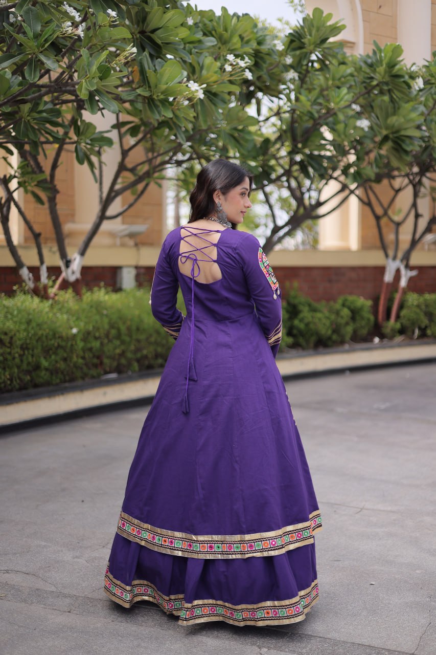 Purple Kora Cotton Gamthi & Mirror Work Full-Stitched Lehenga Set