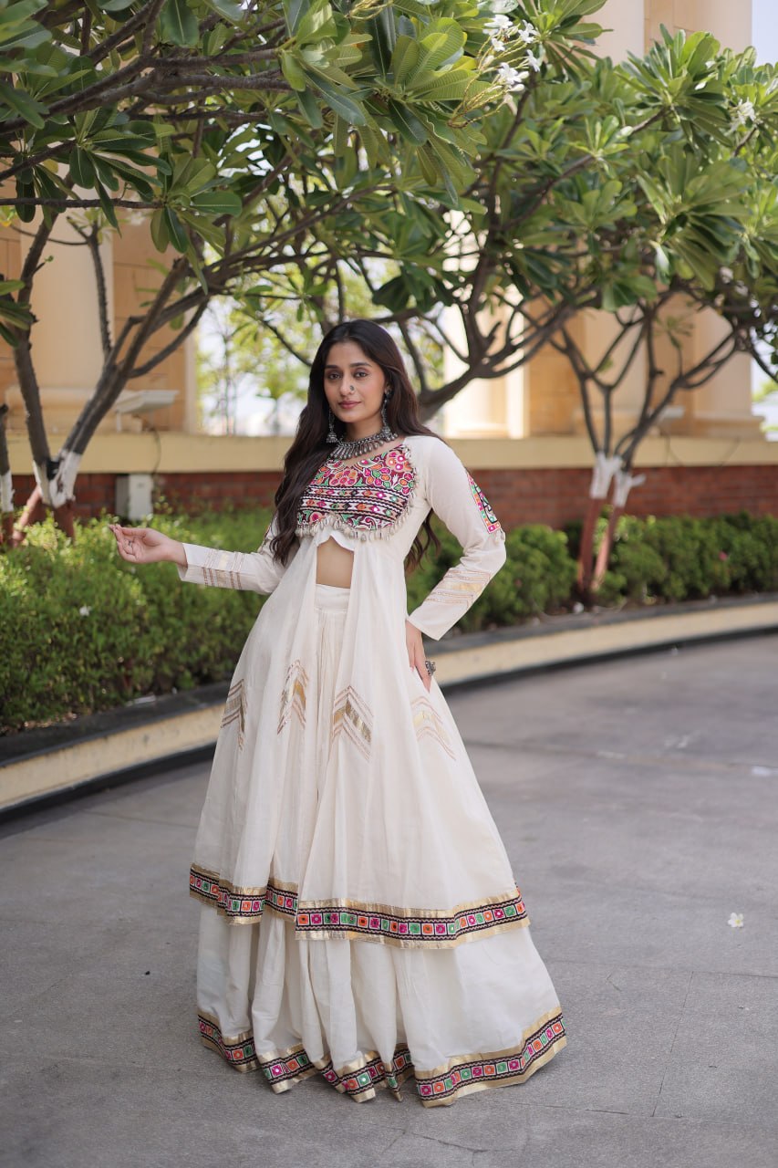 White Kora Cotton Gamthi & Mirror Work Full-Stitched Lehenga Set