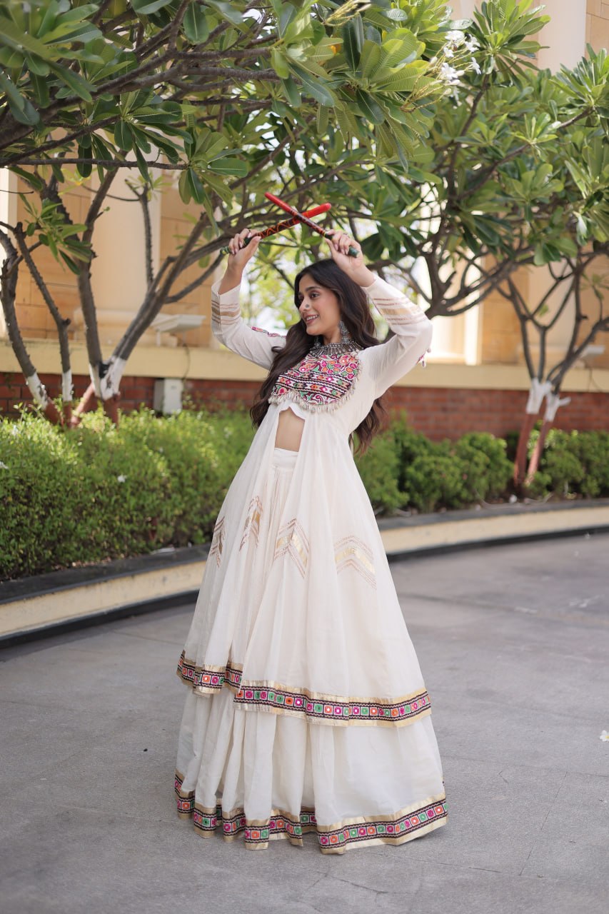 White Kora Cotton Gamthi & Mirror Work Full-Stitched Lehenga Set