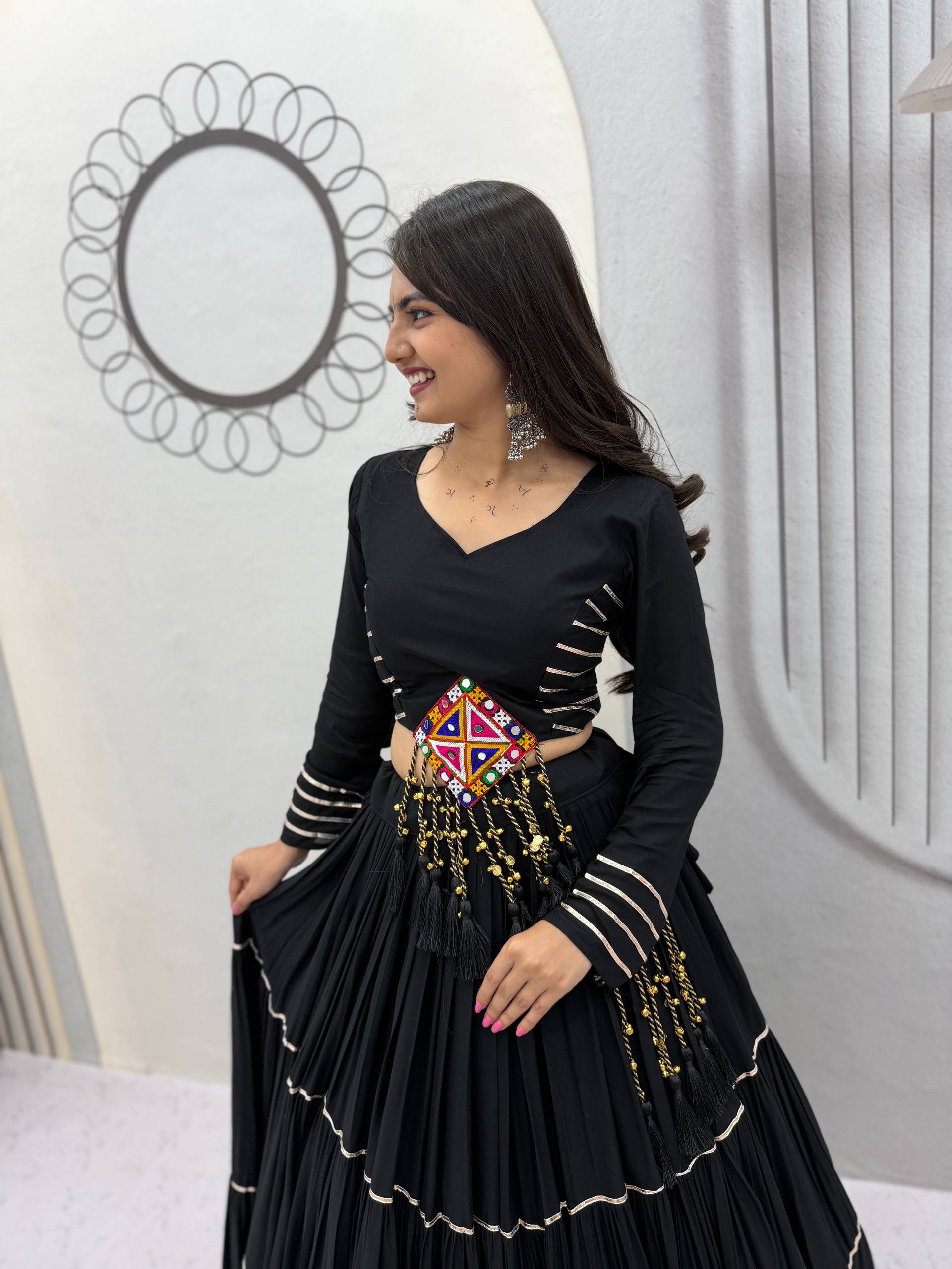 Black Cotton Gamthi Work Lehenga Choli with Mirror Embroidery & Tassel Details