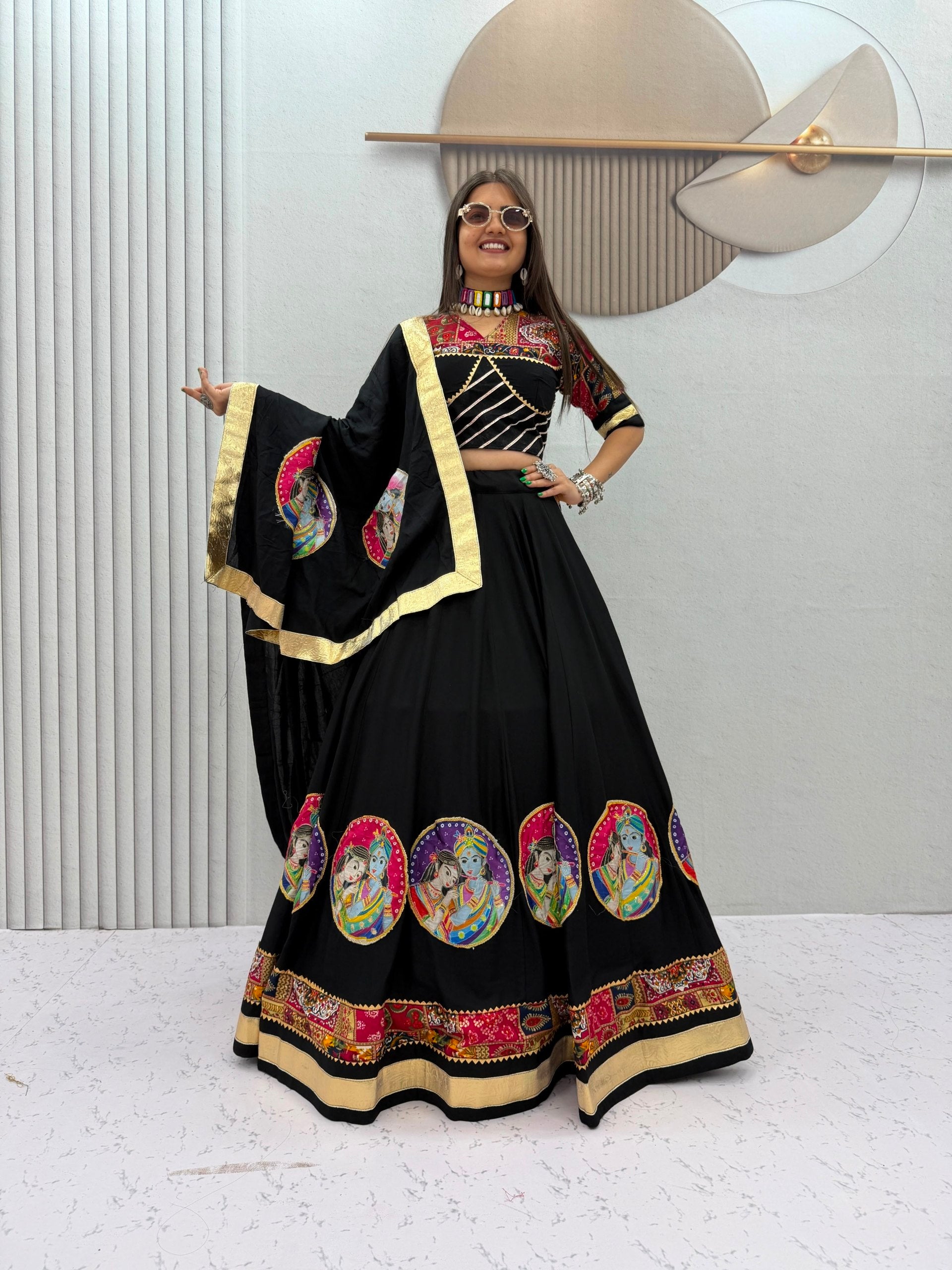 Black Pure Cotton Radha Krishna Print Lehenga Choli with Dupatta