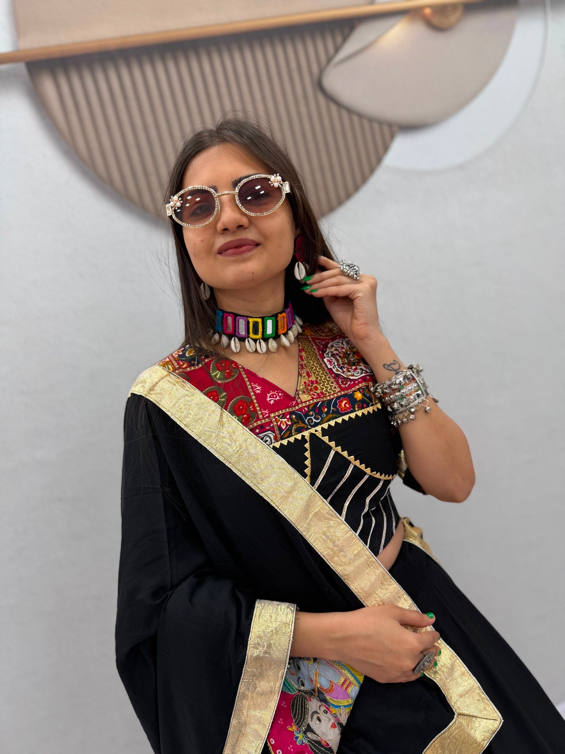 Black Pure Cotton Radha Krishna Print Lehenga Choli with Dupatta