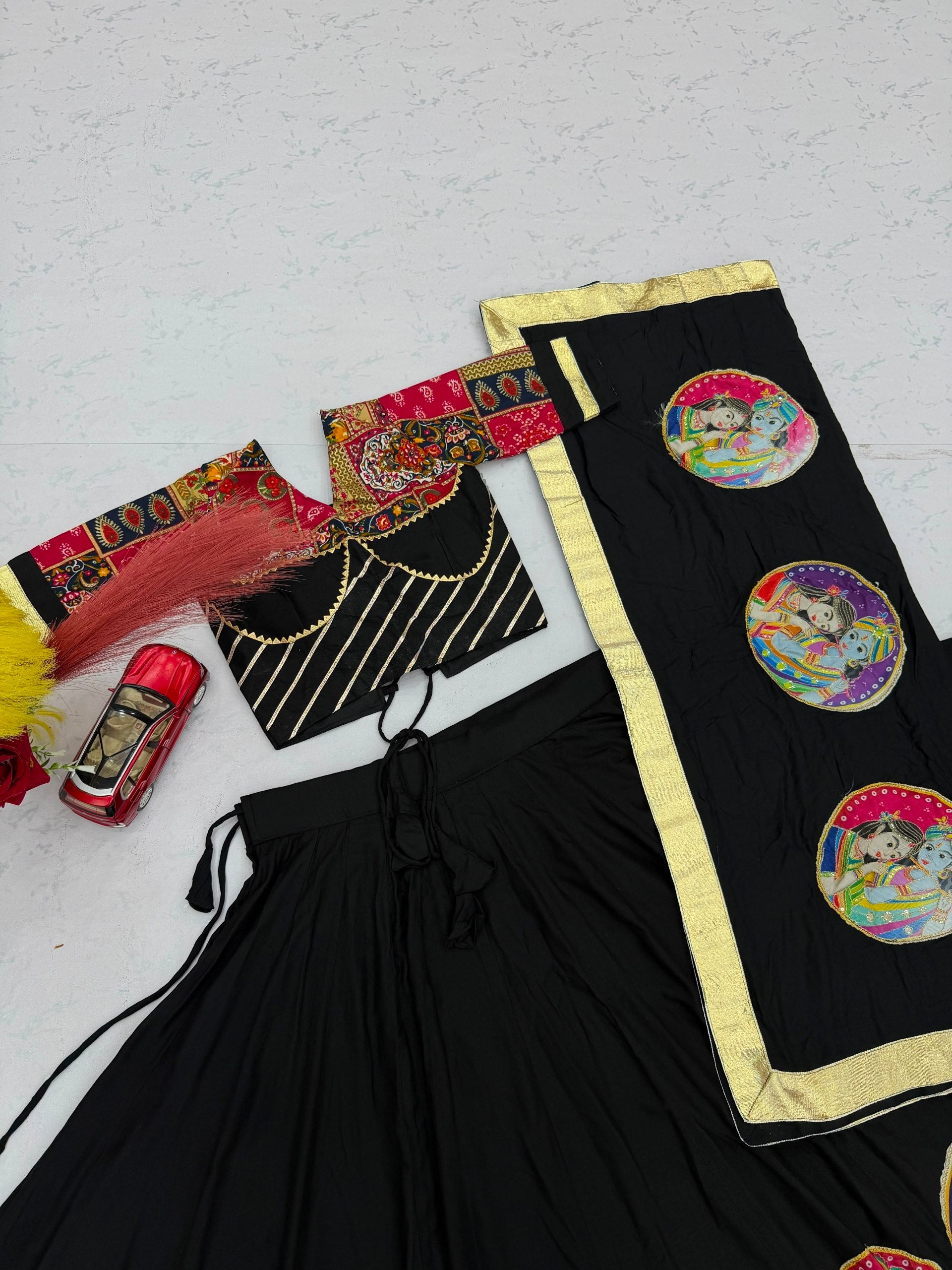Black Pure Cotton Radha Krishna Print Lehenga Choli with Dupatta