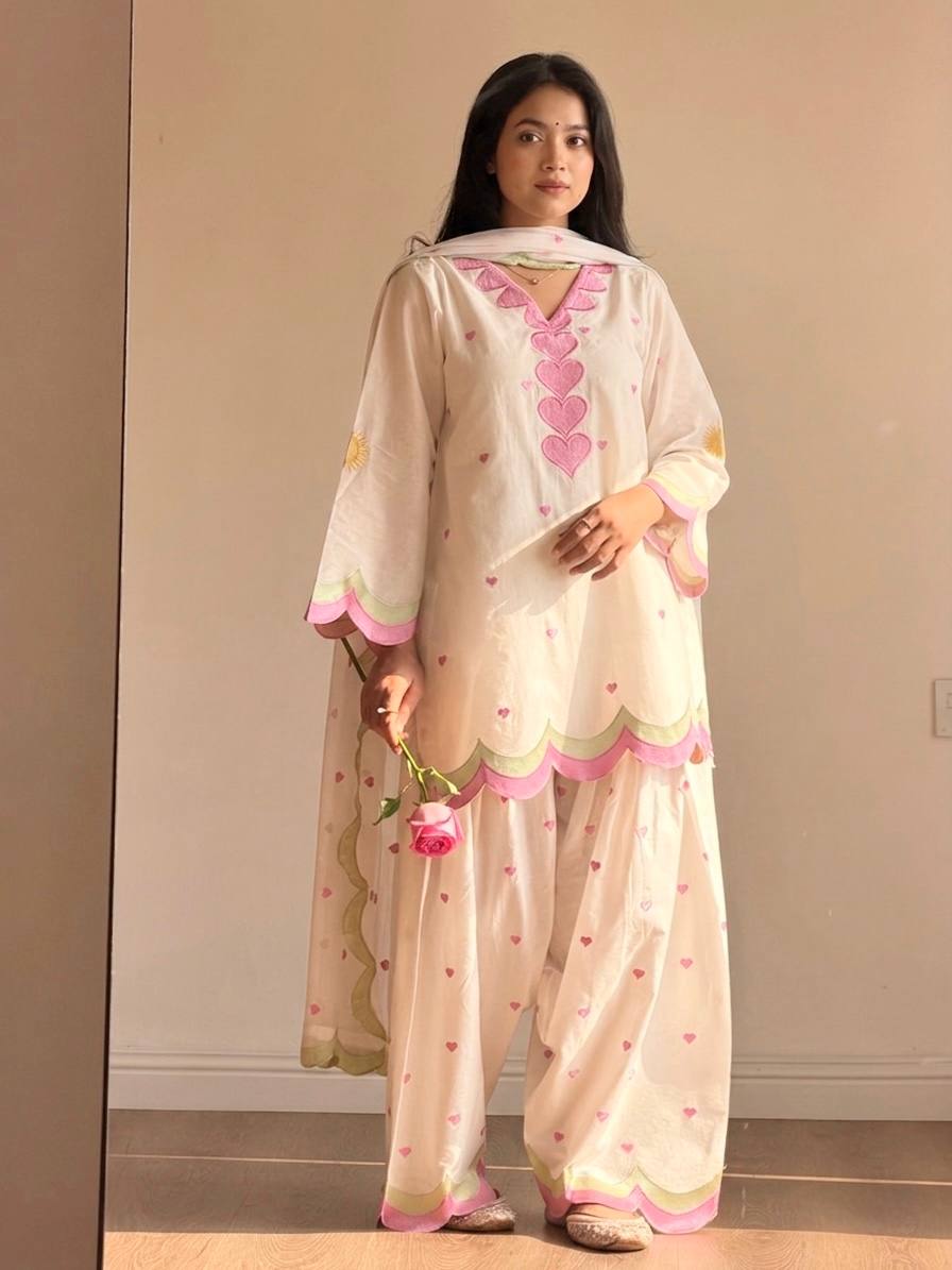 Ivory Pink & Olive Green Mal Chanderi Farshi Salwar Suit Set