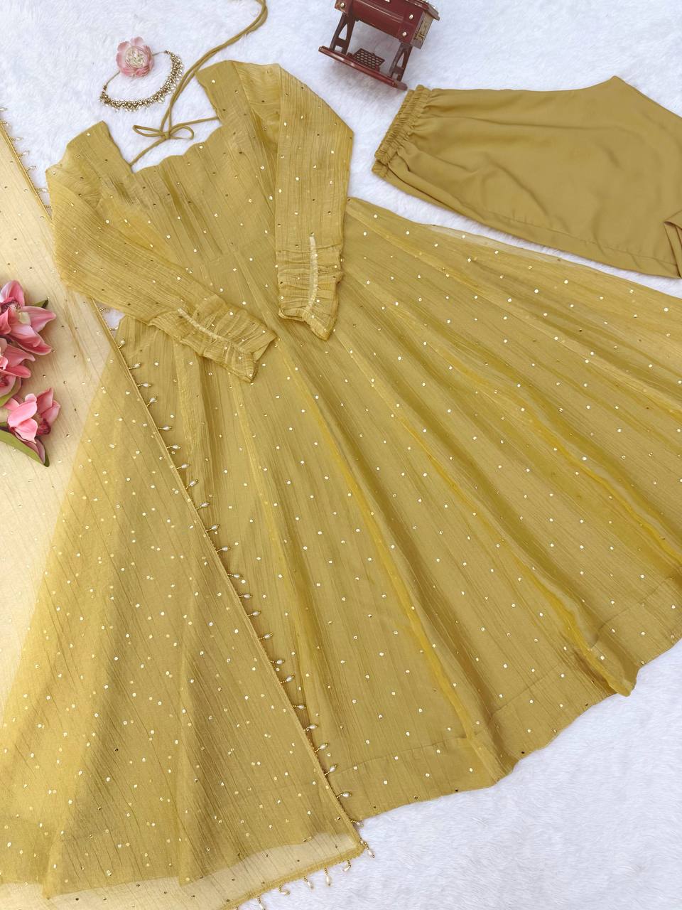 Mustard Yellow Salsa Silk Foil Work Gown Pant Set with Dupatta