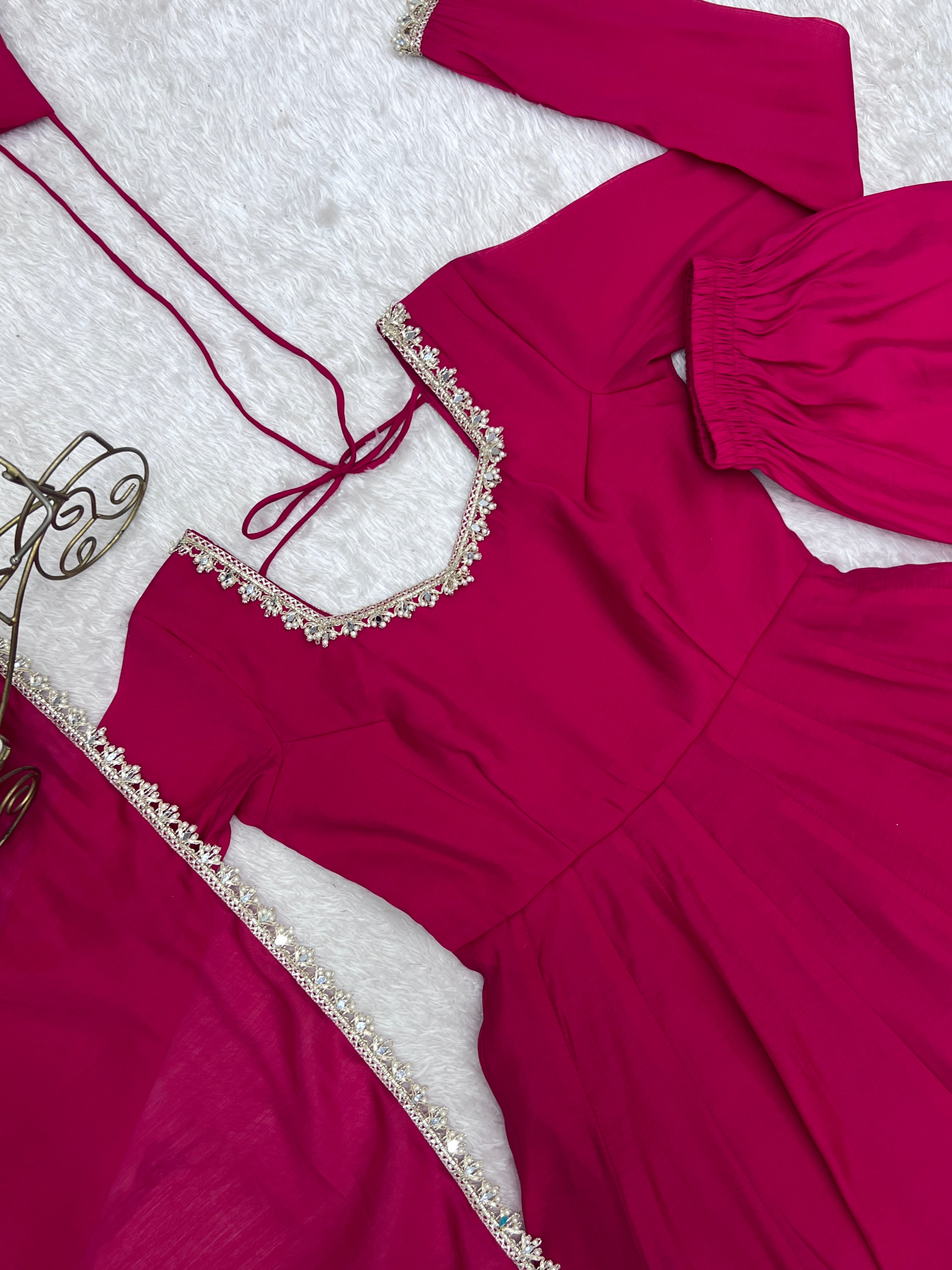 Fuchsia Pink Pure Mal Chanderi Flared Anarkali Suit Set