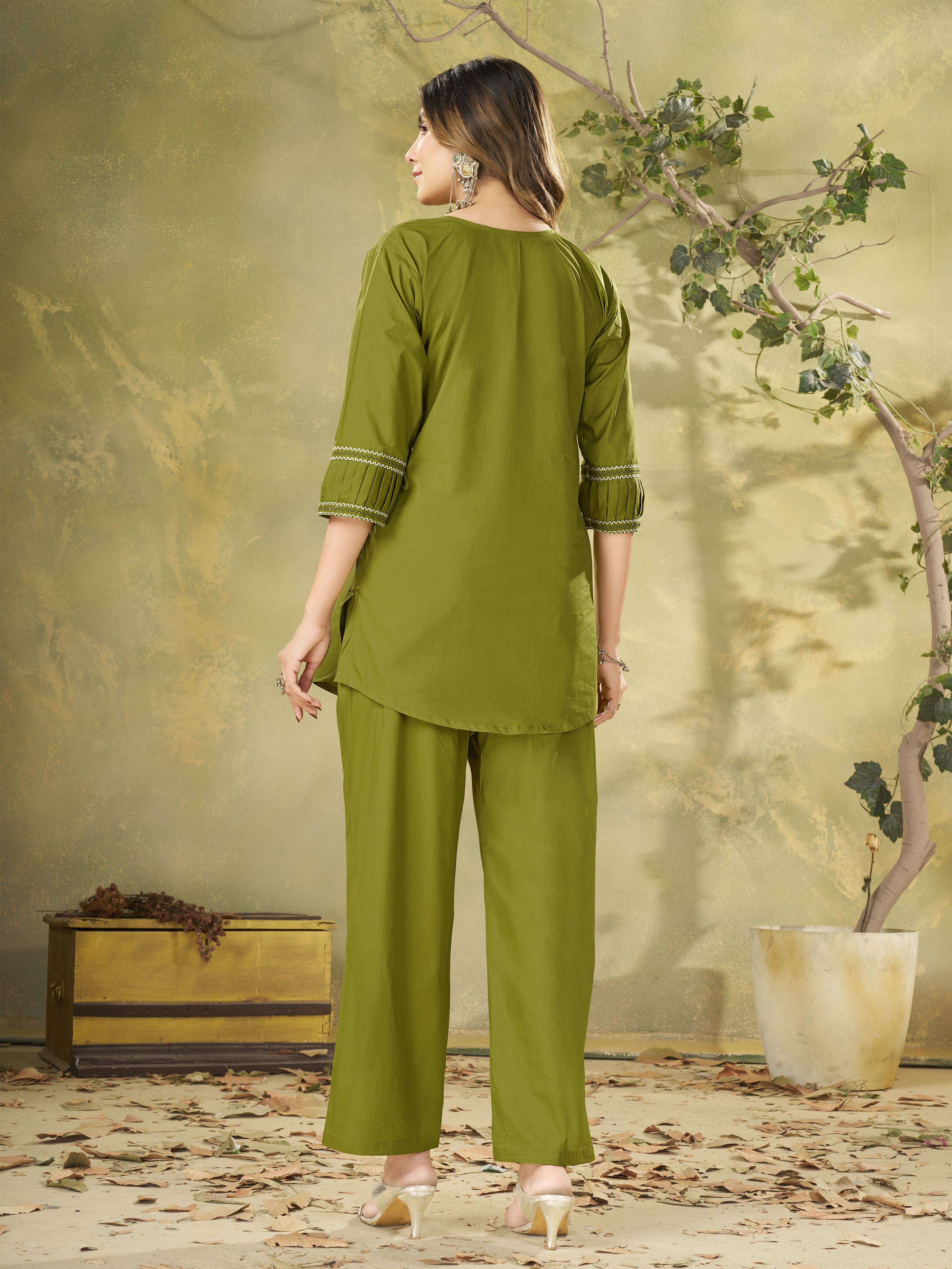 Olive Green Pure Cotton Embroidered Co-Ord Set with Straight Pant