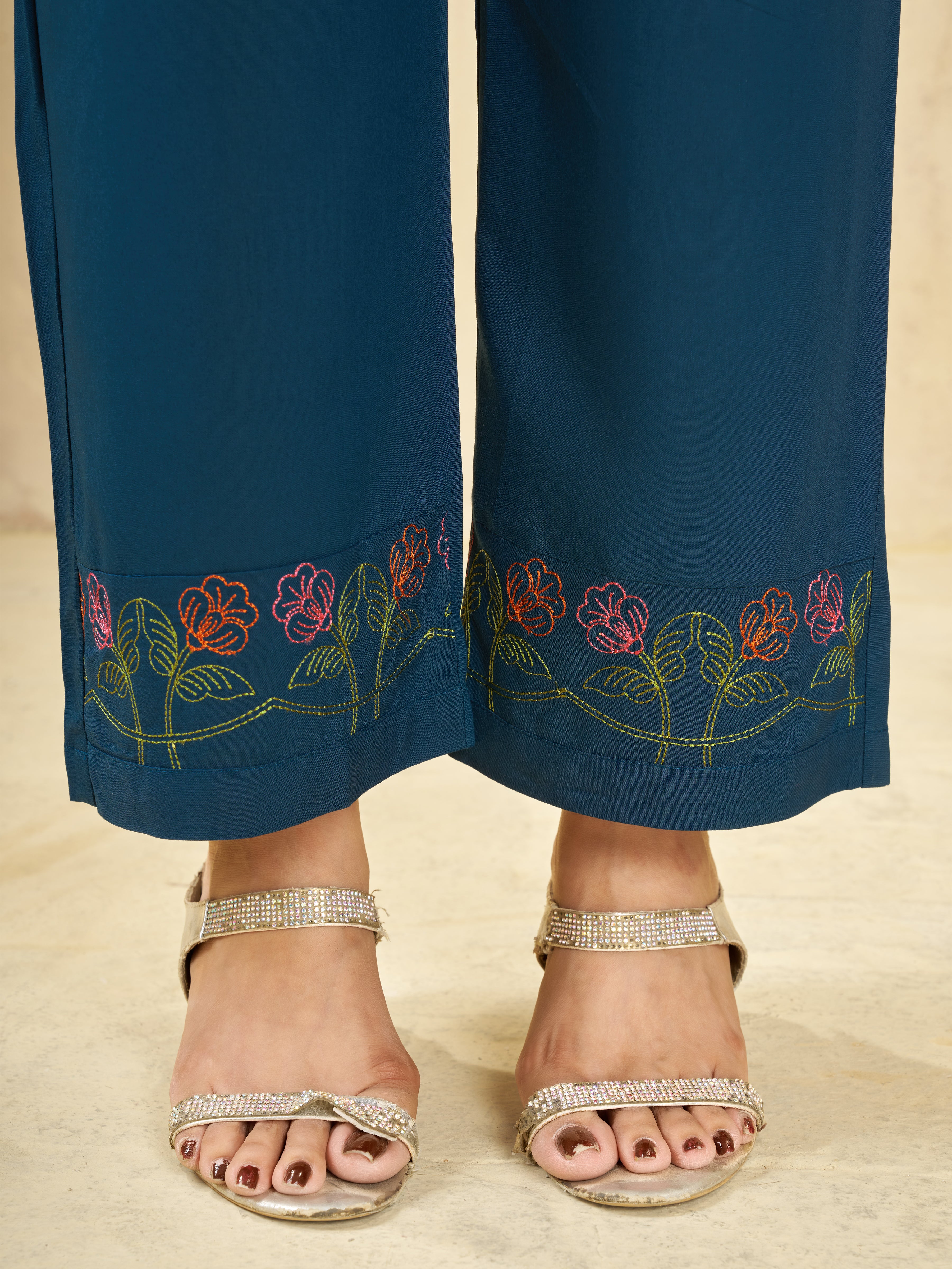 Teal Blue Heavy Rayon Floral Embroidered Co-Ord Set