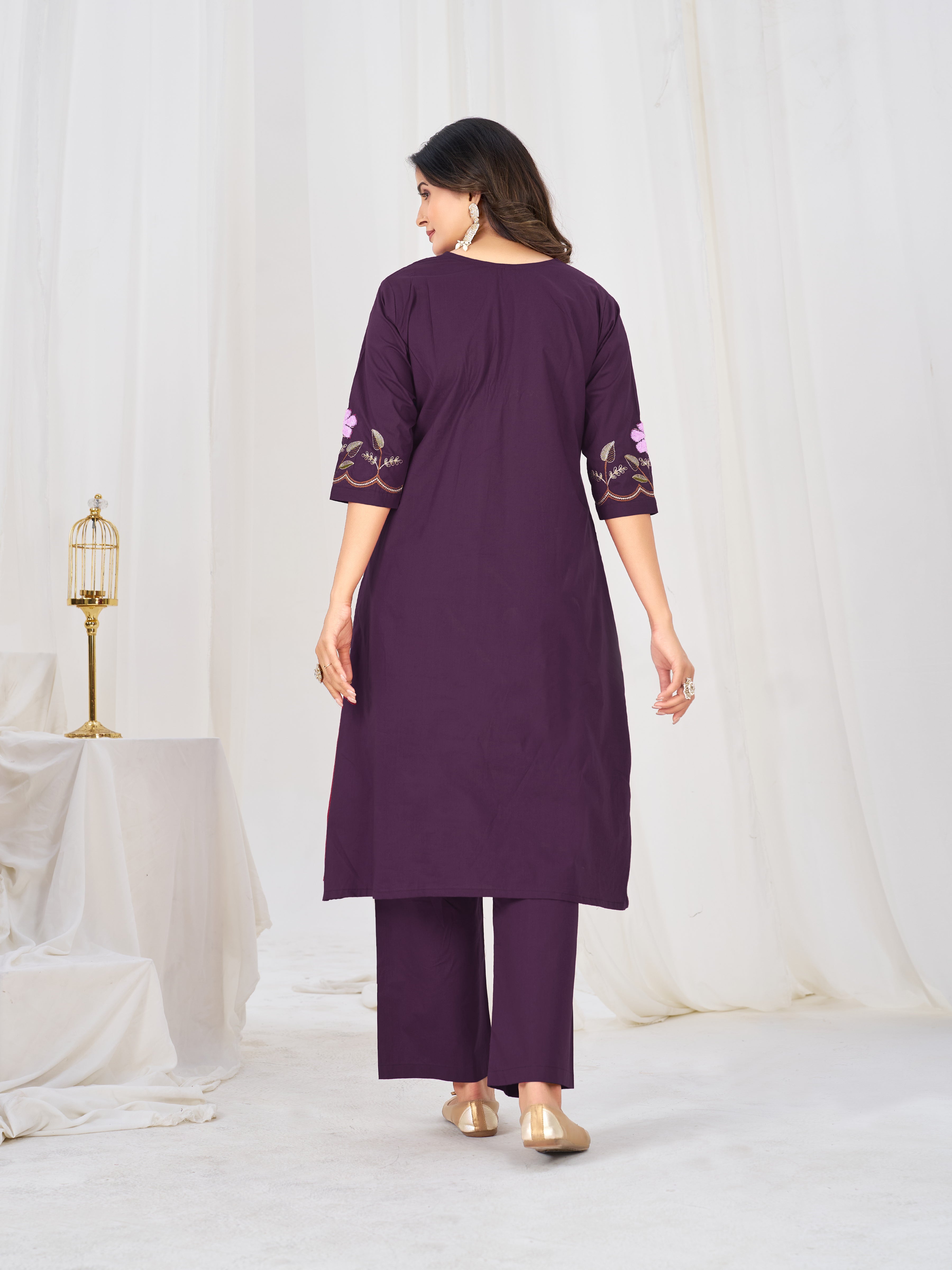Purple Embroidered Pure Cotton Anarkali Kurti Pant & Dupatta Set