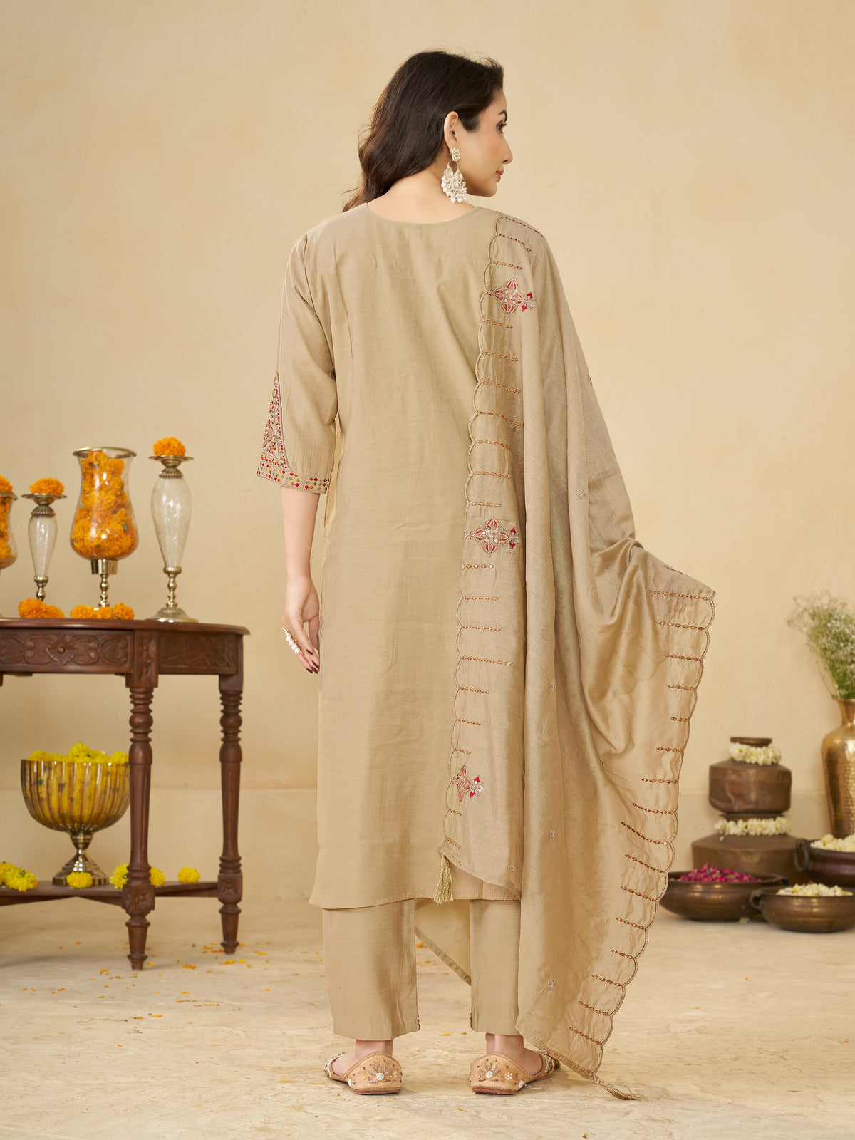 Beige Marina Silk Embroidered Kurti Pant Set with Maslin Dupatta
