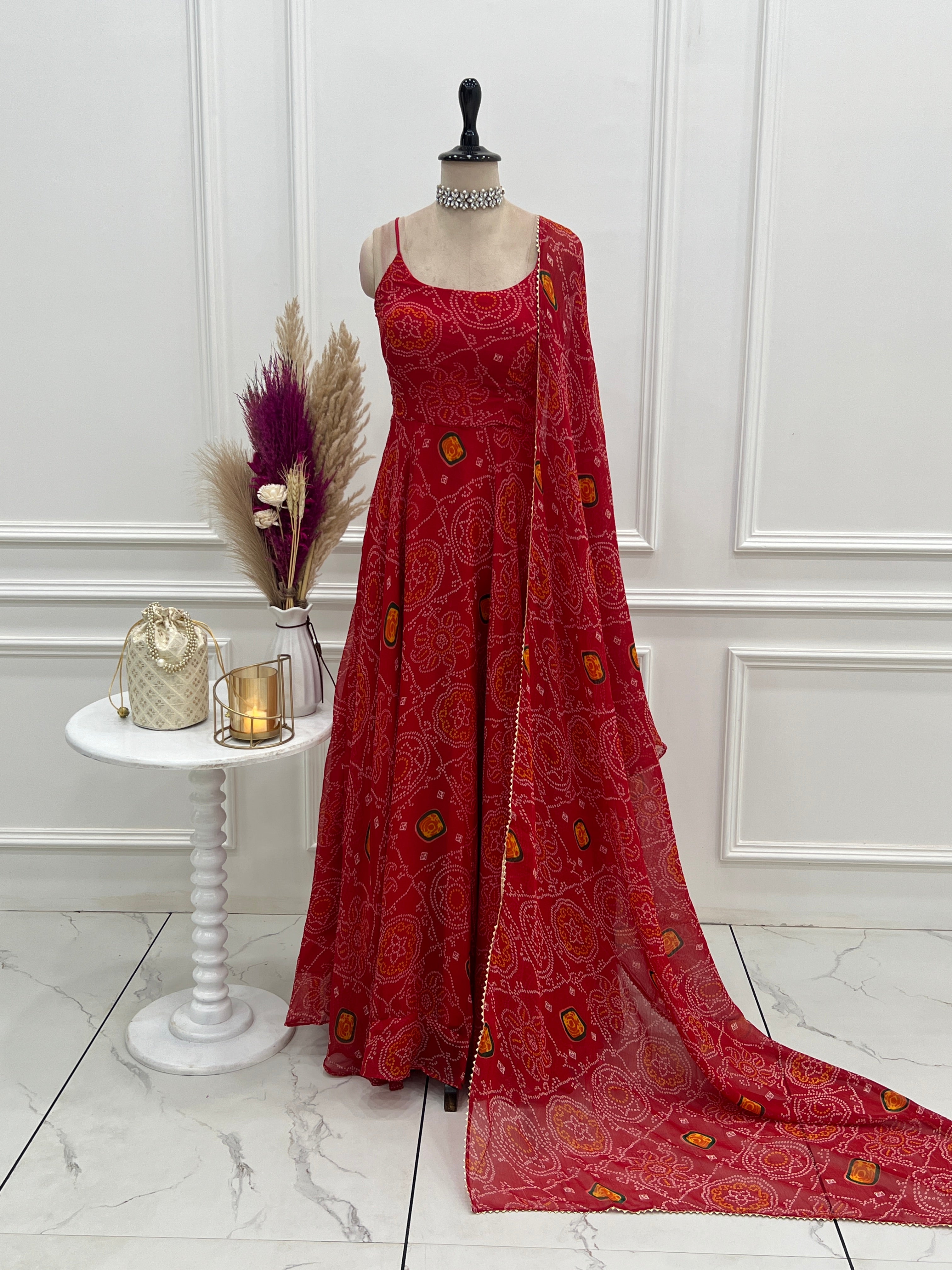 Floral Red Color Soft Chiffon Three Piece Anarkali