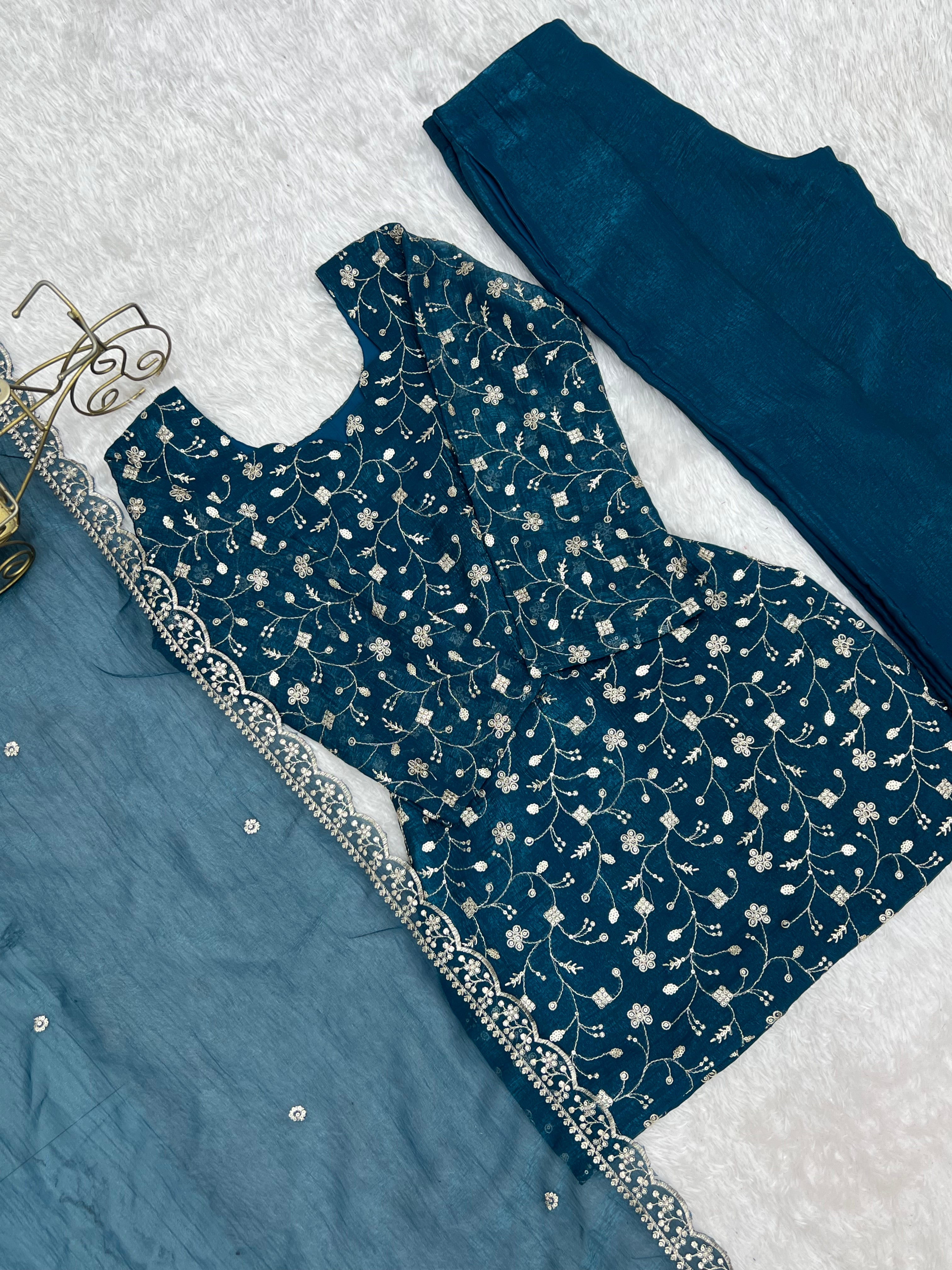 Tealblue Embroidered Kurta Set with Bell Bottom Pant & Dupatta