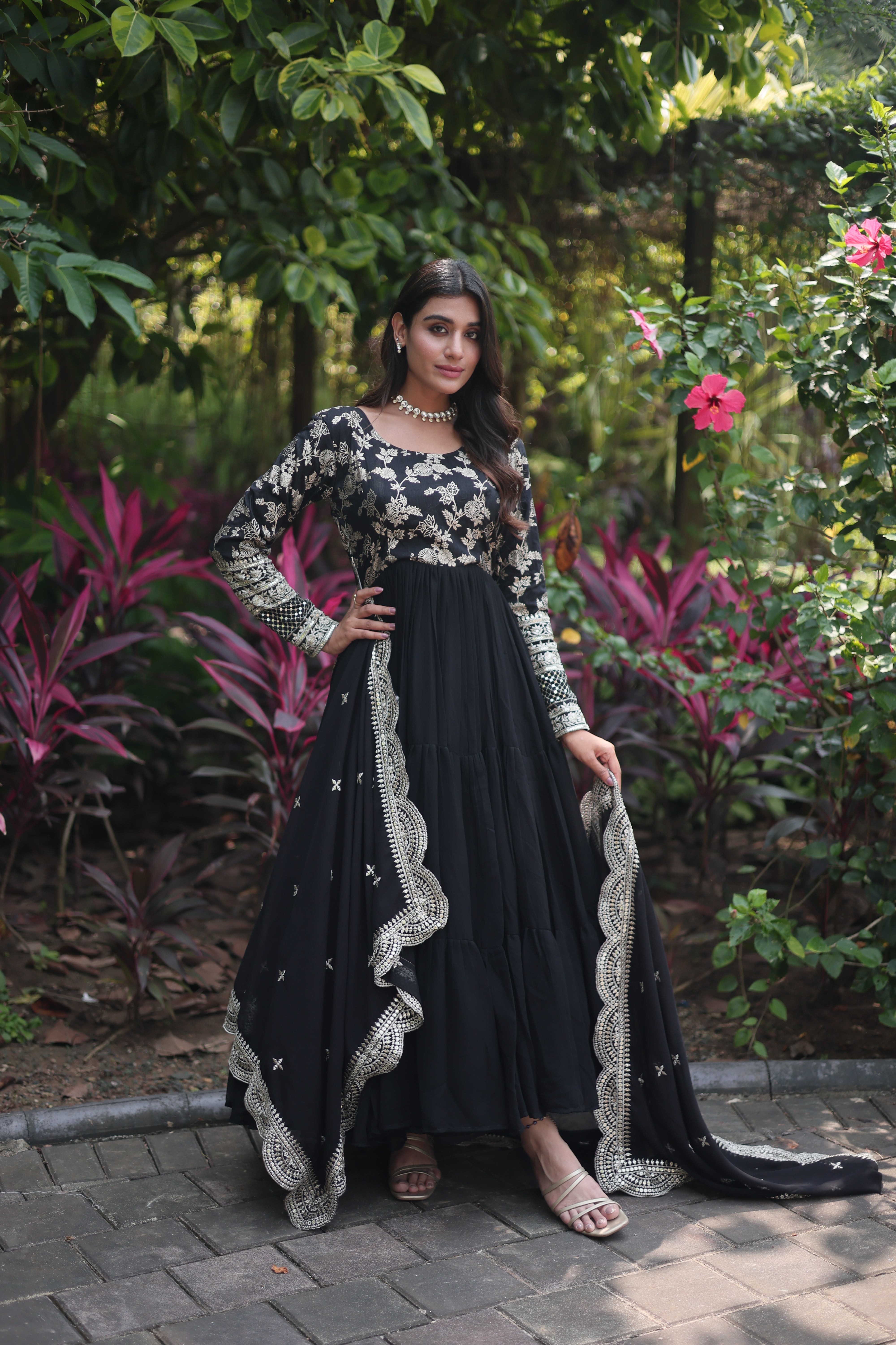 Black Faux Blooming Sequin Gown with Duppatta