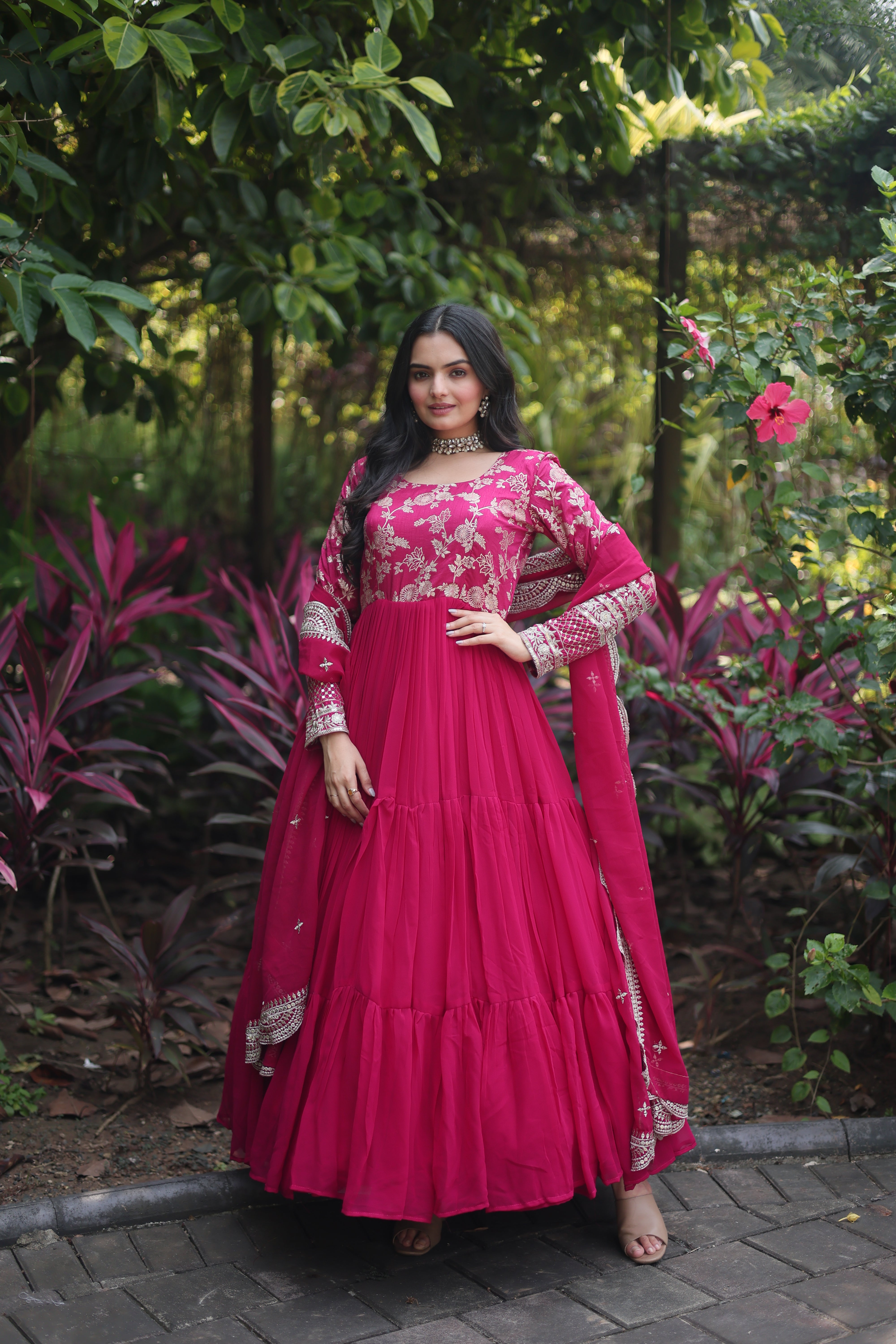 Pink Faux Blooming Sequin Gown with Duppatta