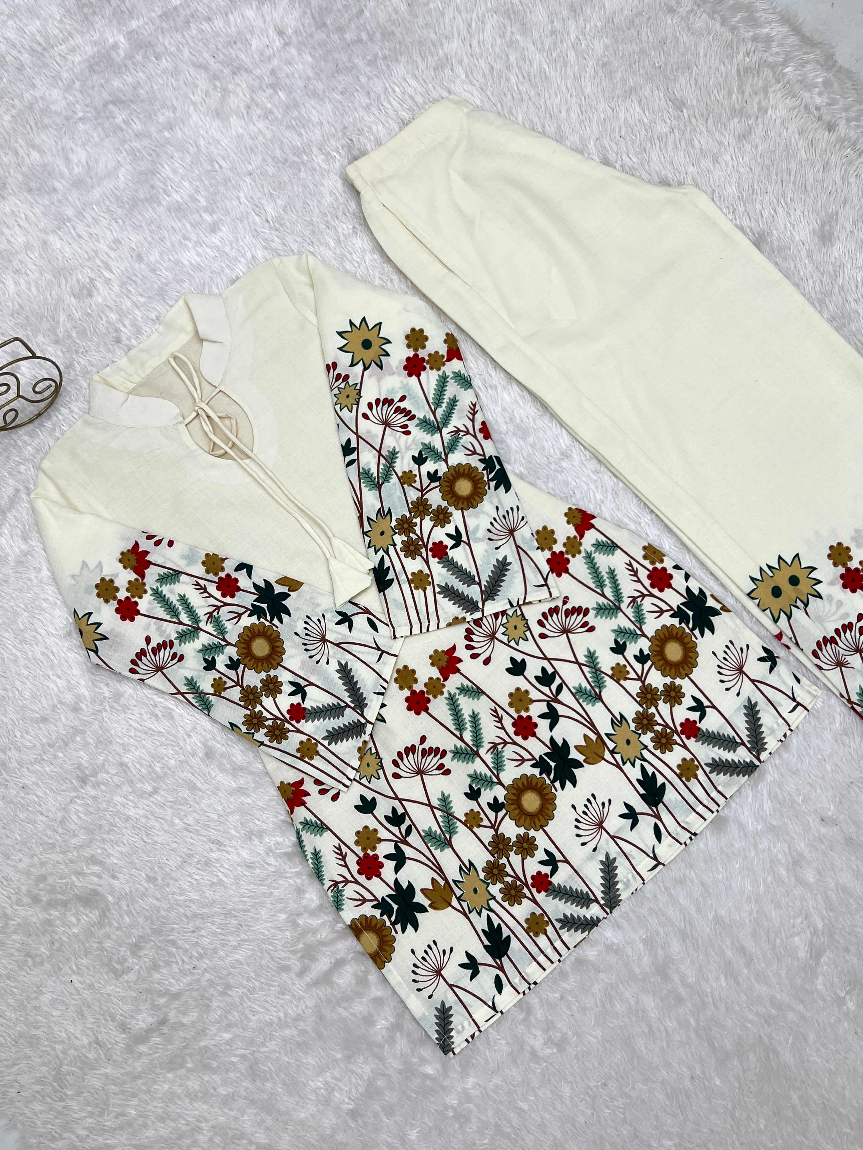 Cream Floral Printed Magic Slub Cotton Co-ord Set | Rakhi Special