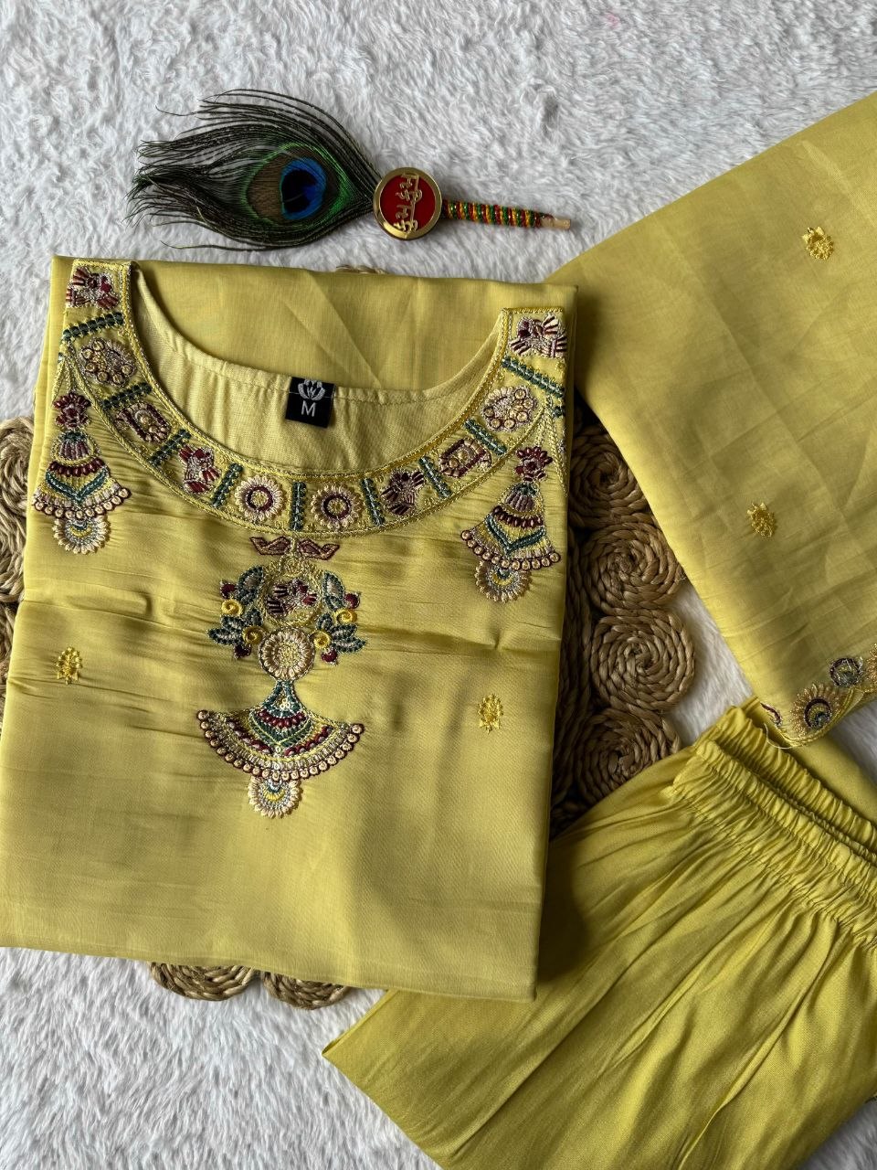 Light Yellow Pure Mul Chanderi Embroidered Kurta Set With Pants & Dupatta