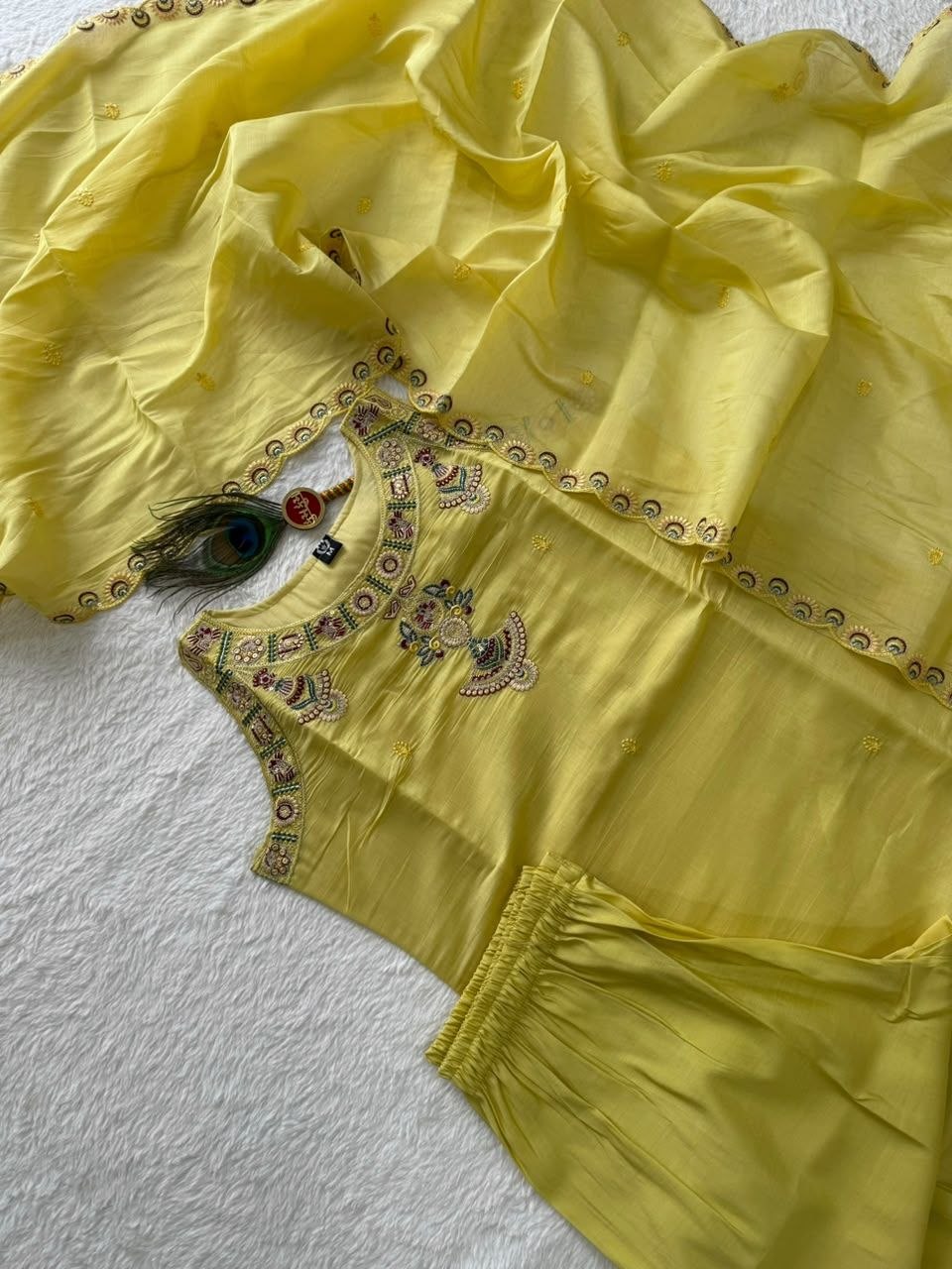 Light Yellow Pure Mul Chanderi Embroidered Kurta Set With Pants & Dupatta