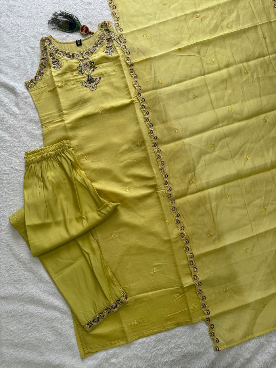 Light Yellow Pure Mul Chanderi Embroidered Kurta Set With Pants & Dupatta