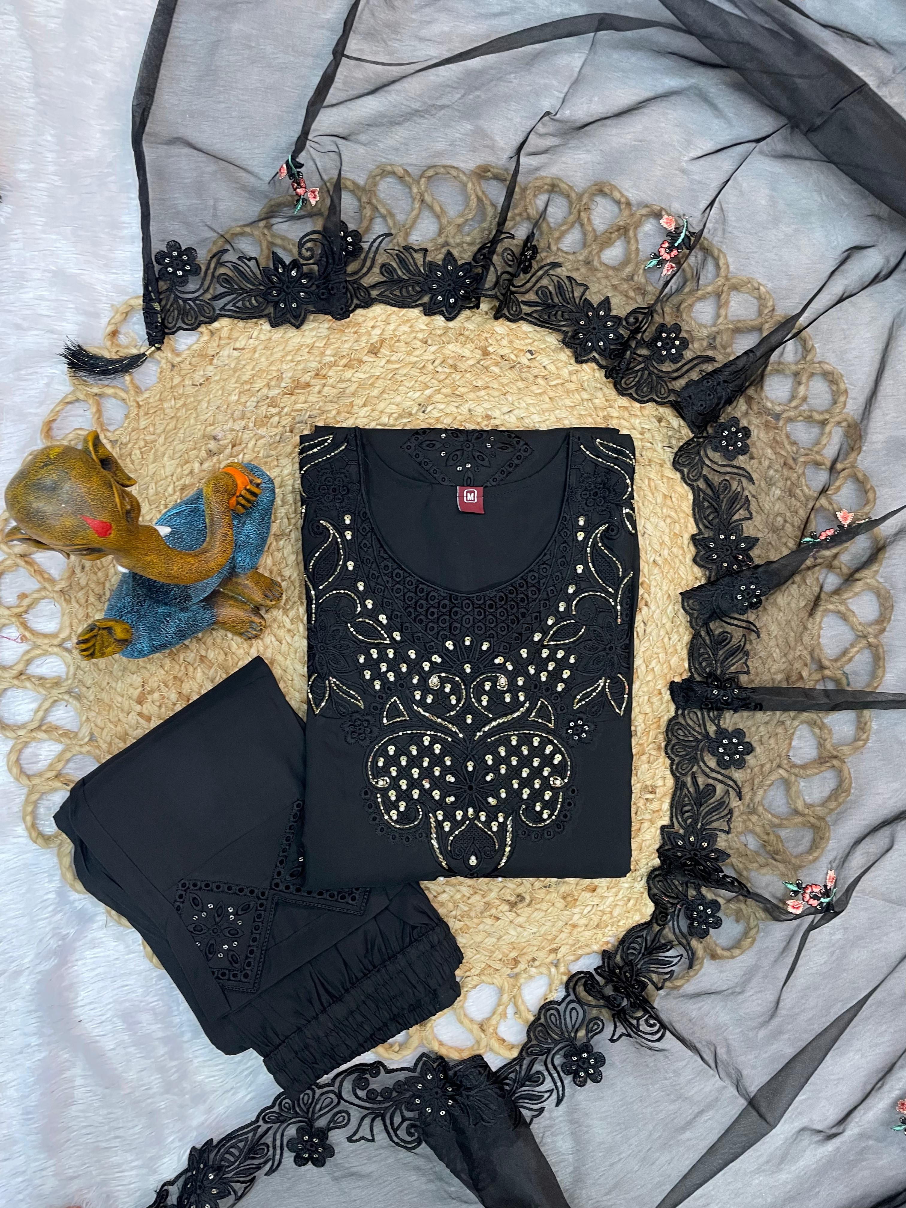 Ananya Black Roman Kurti Set | Nardev Fashion