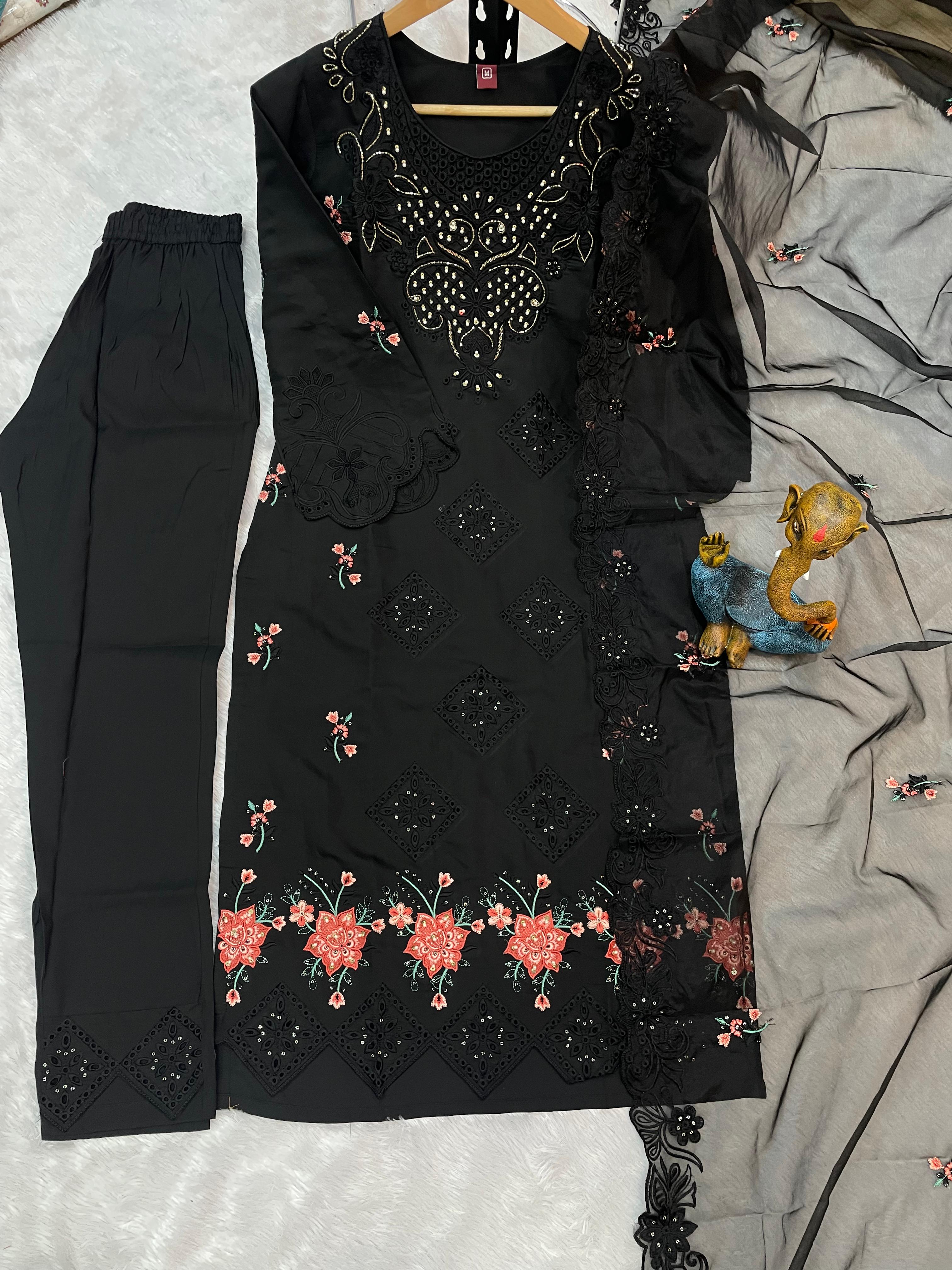 Ananya Black Roman Kurti Set | Nardev Fashion