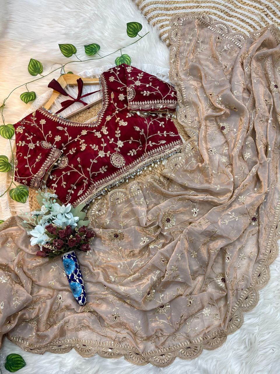 Beige Saree for Wedding Events & Festivals | Nardev Fashion | Stitched Blouse