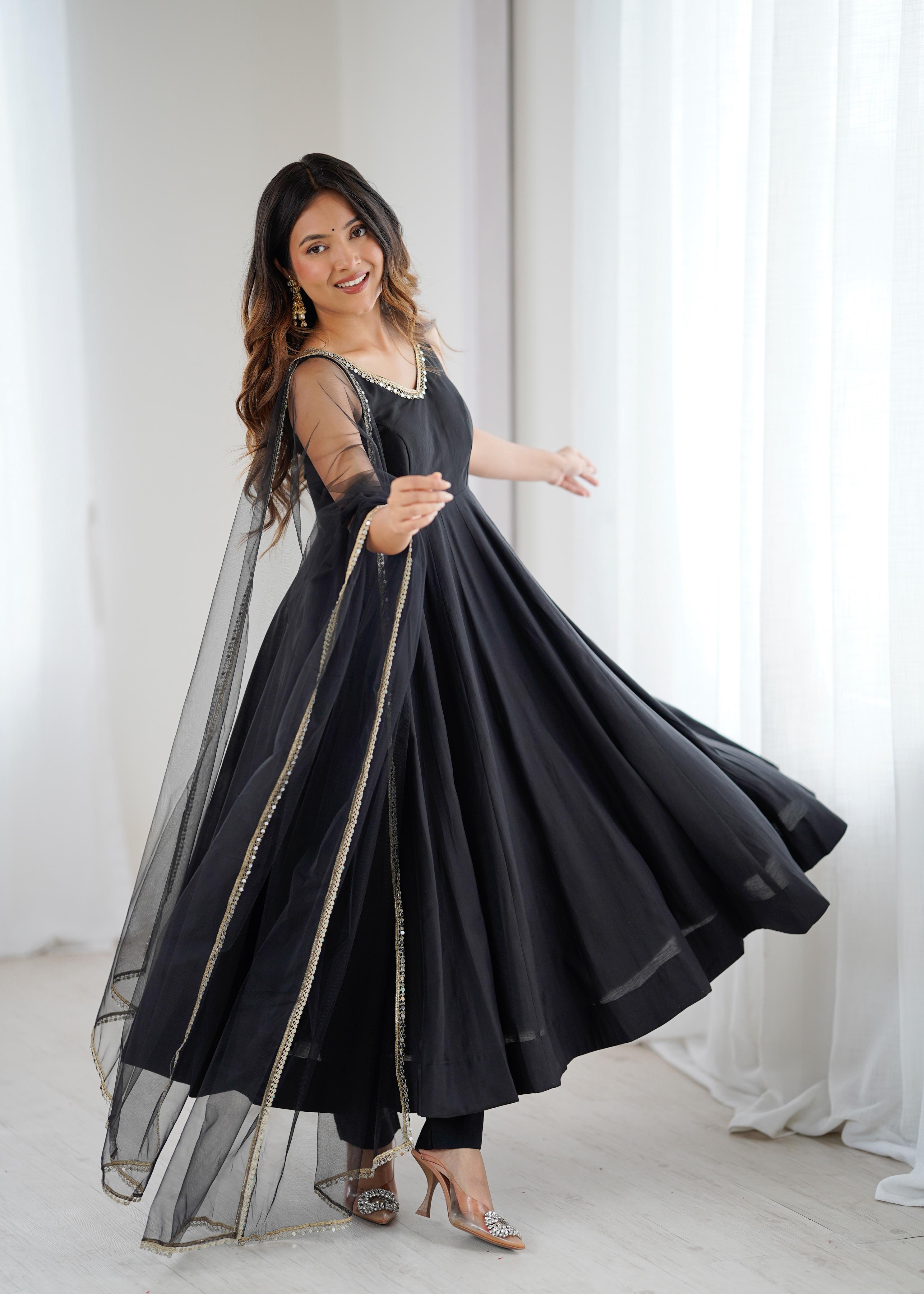 Black Color Roman Silk Chanderi Anarkali Gown Set - Aarti Chauhan