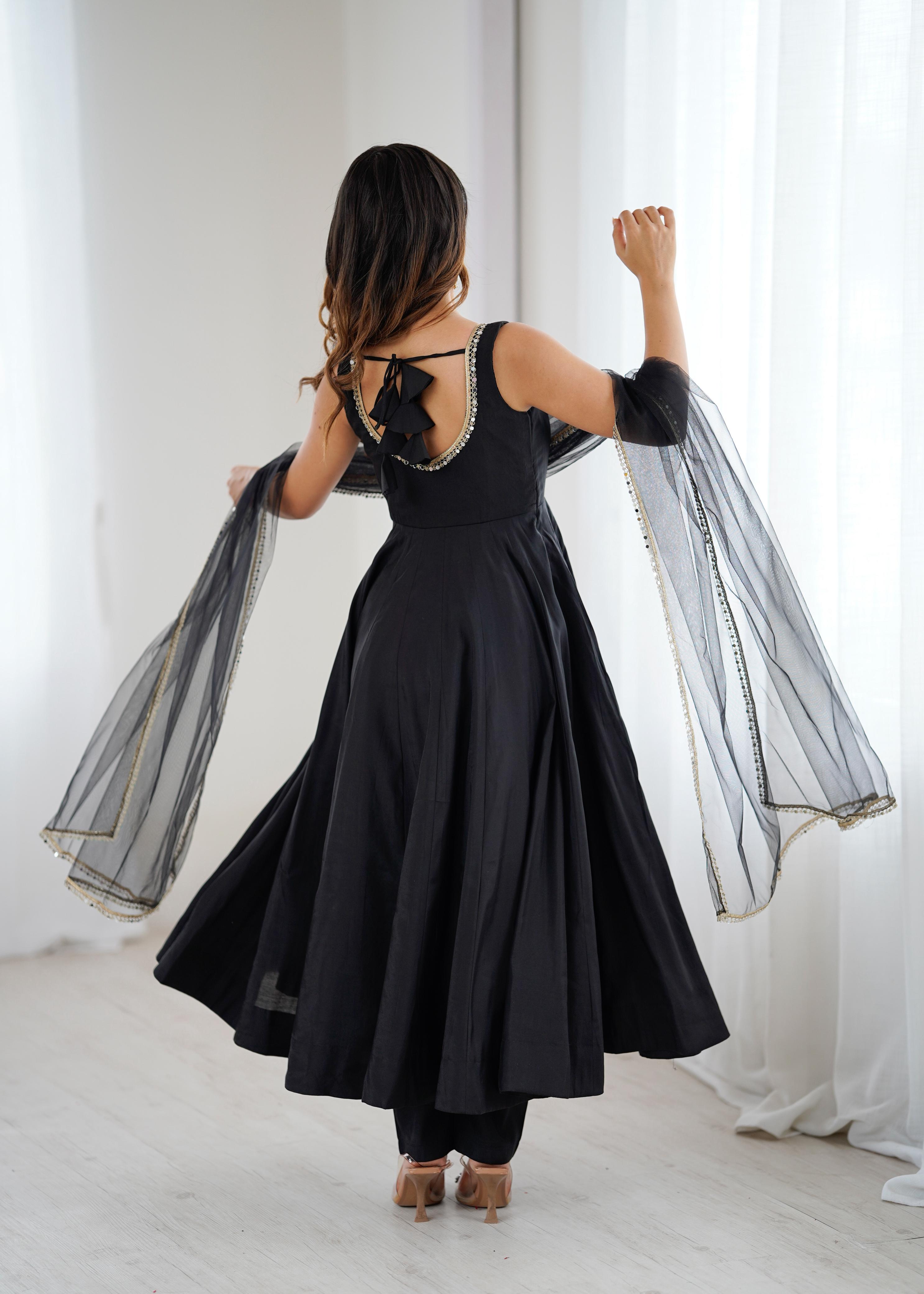 Black Color Roman Silk Chanderi Anarkali Gown Set - Aarti Chauhan