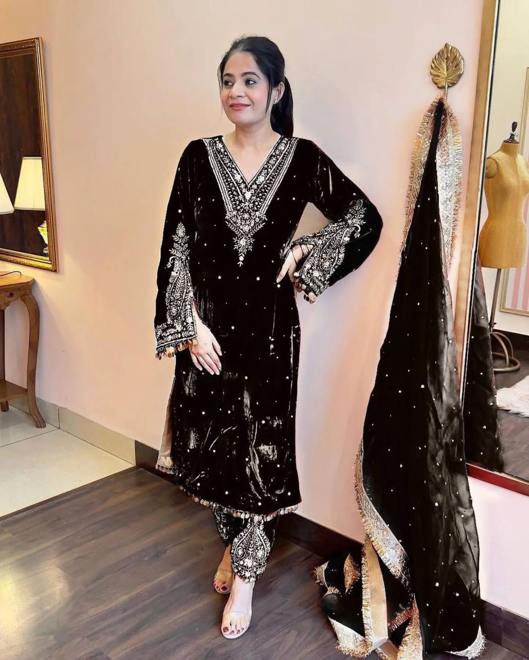 Black Color Winter Velvet Suit | Ready to Wear | Nardev Fashion
