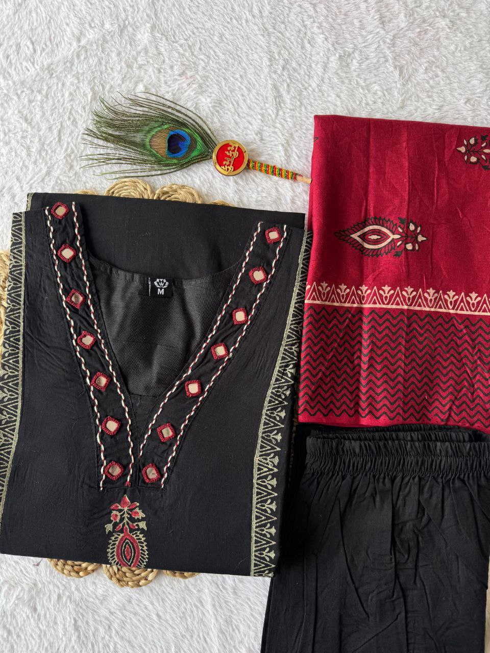 Black Cotton A-Line Kurti Set | Nardev Fashion