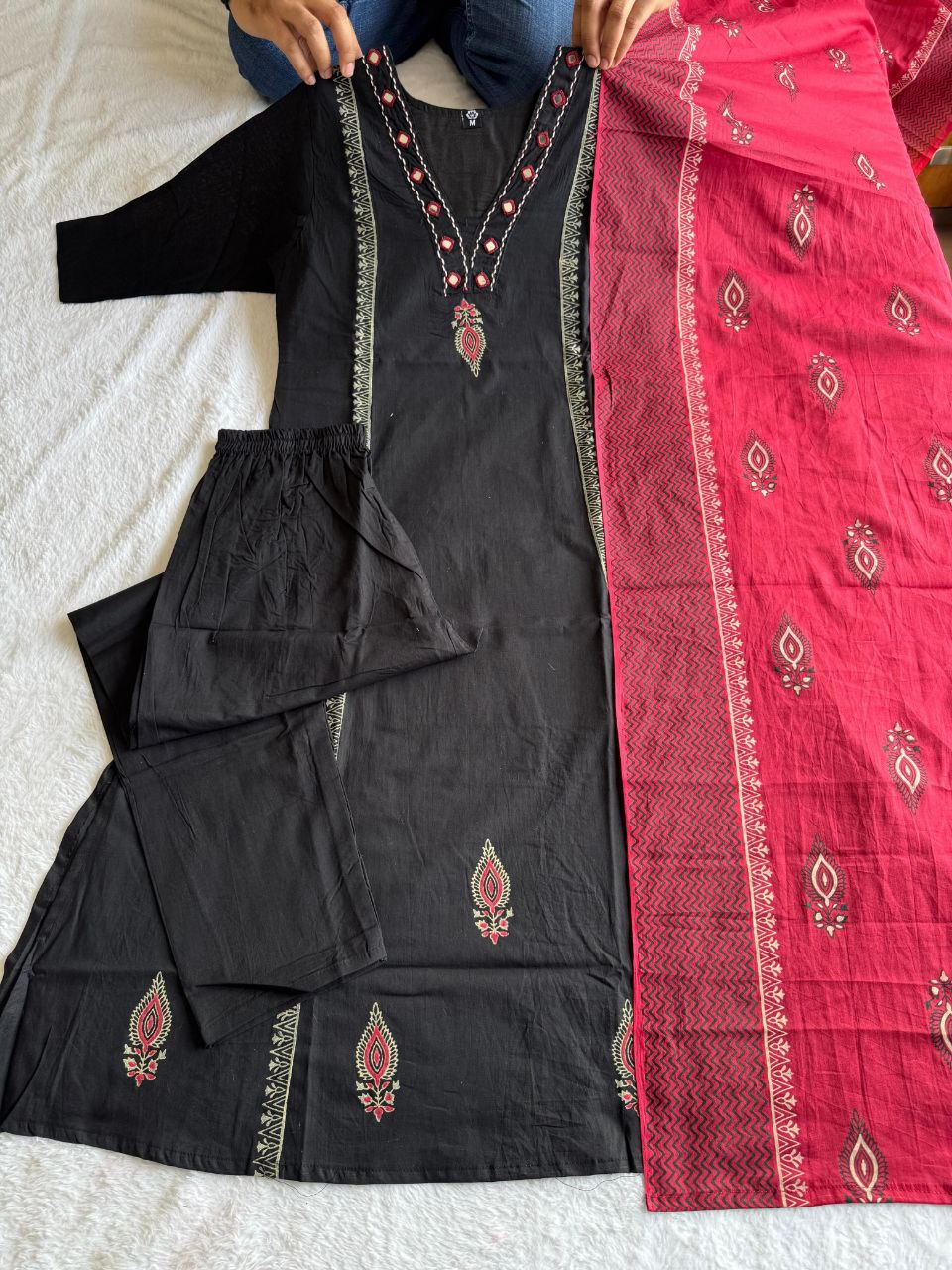 Black Cotton A-Line Kurti Set | Nardev Fashion Full View