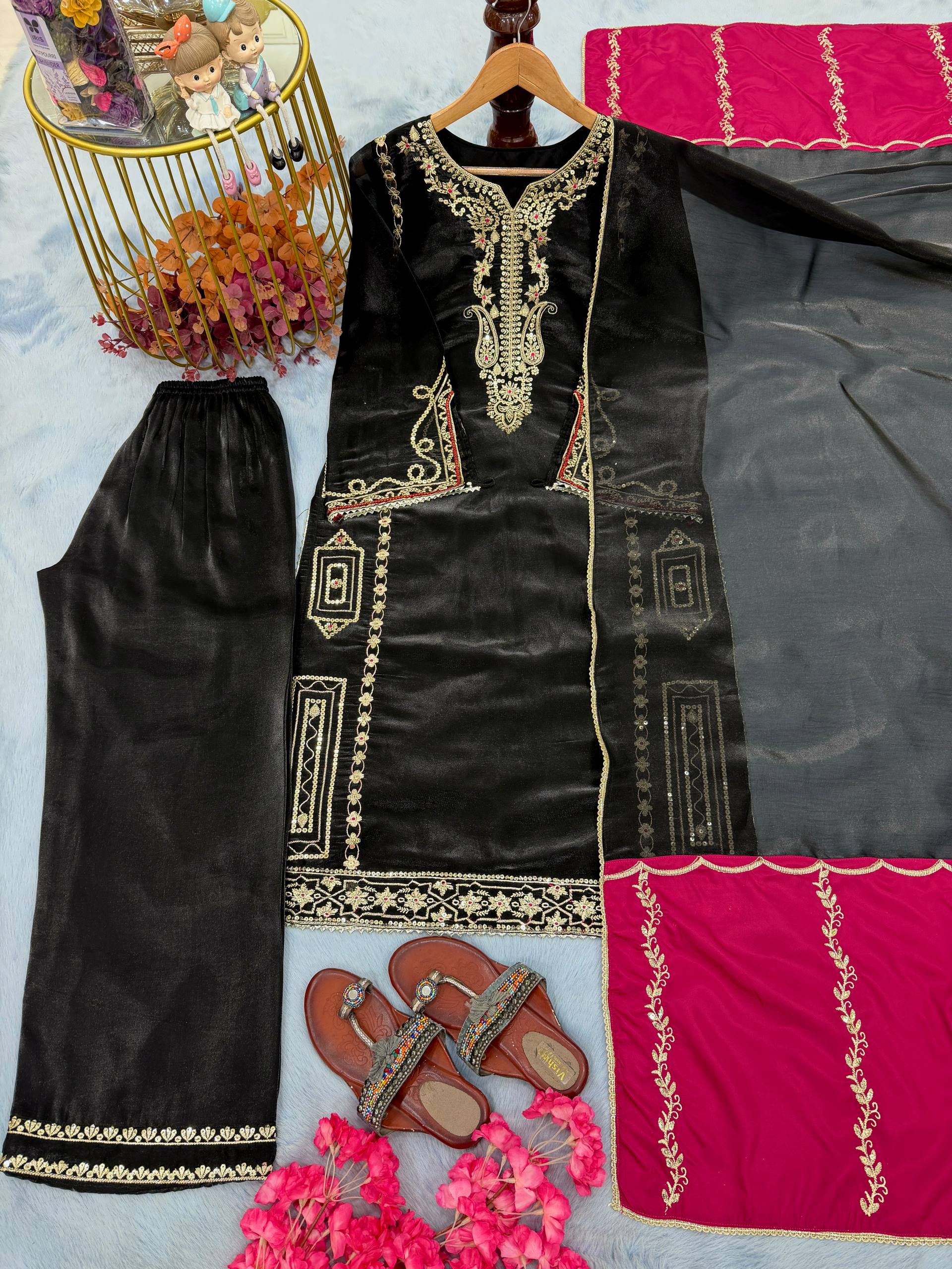 Black Partywear GMY Silk Top Plazzo Dupatta Set | Ready to Wear | Nardev Fashion
