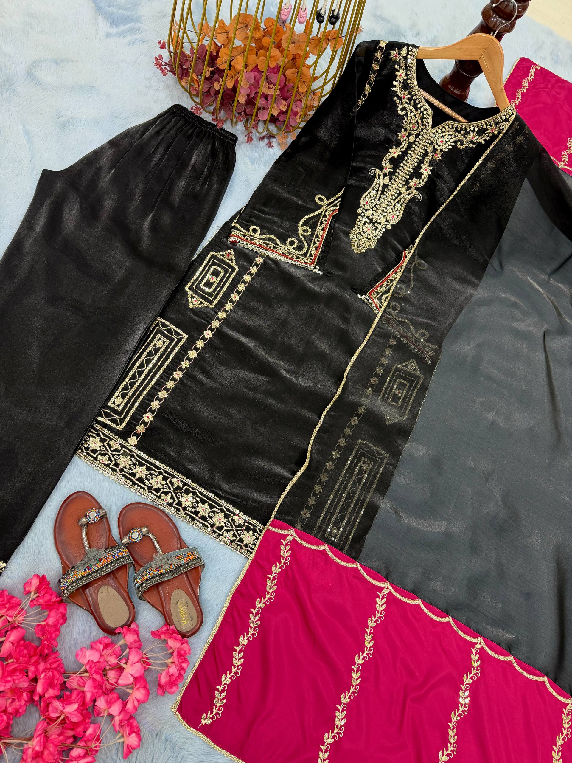 Black Partywear GMY Silk Top Plazzo Dupatta Set | Ready to Wear | Nardev Fashion