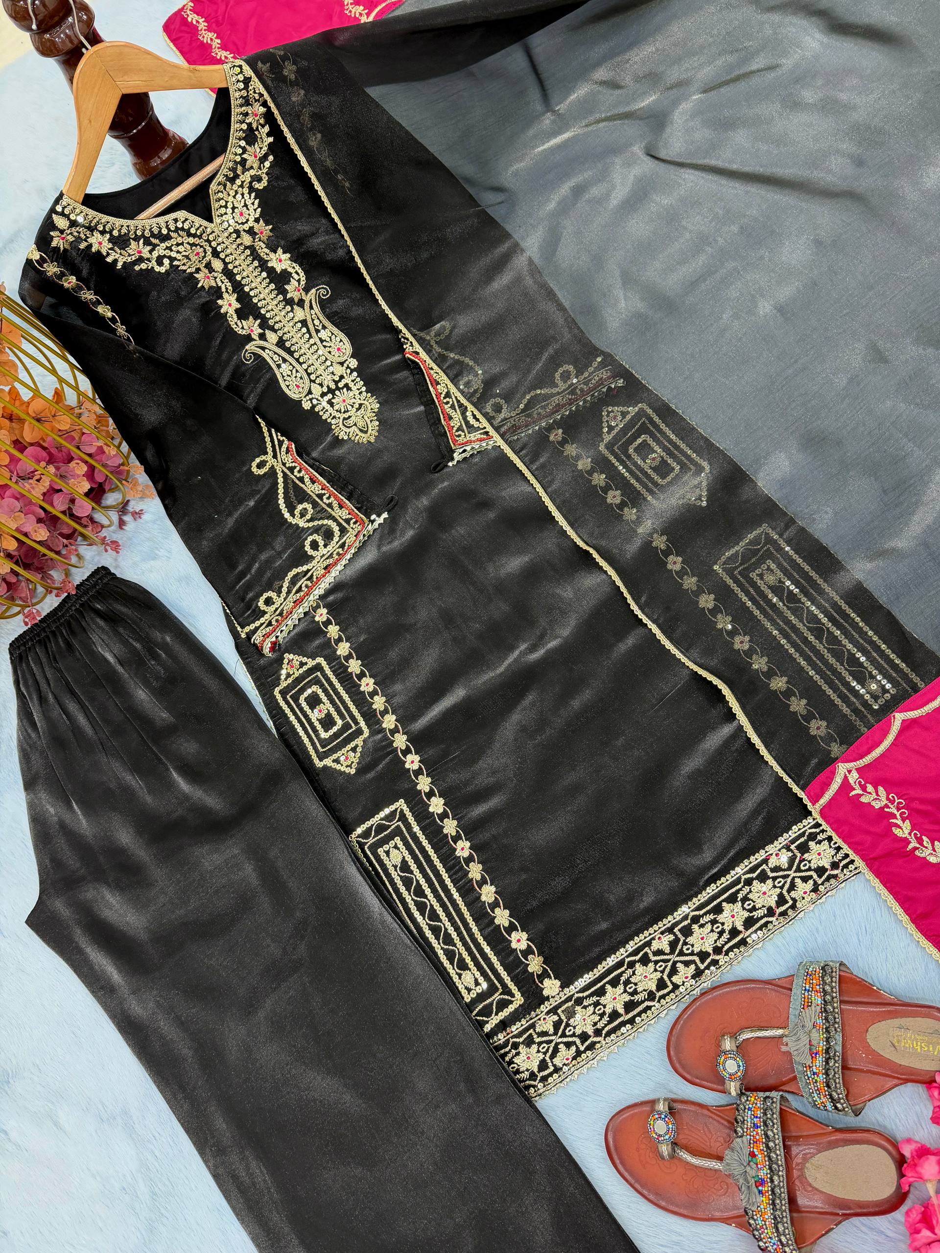 Black Partywear GMY Silk Top Plazzo Dupatta Set | Ready to Wear | Nardev Fashion