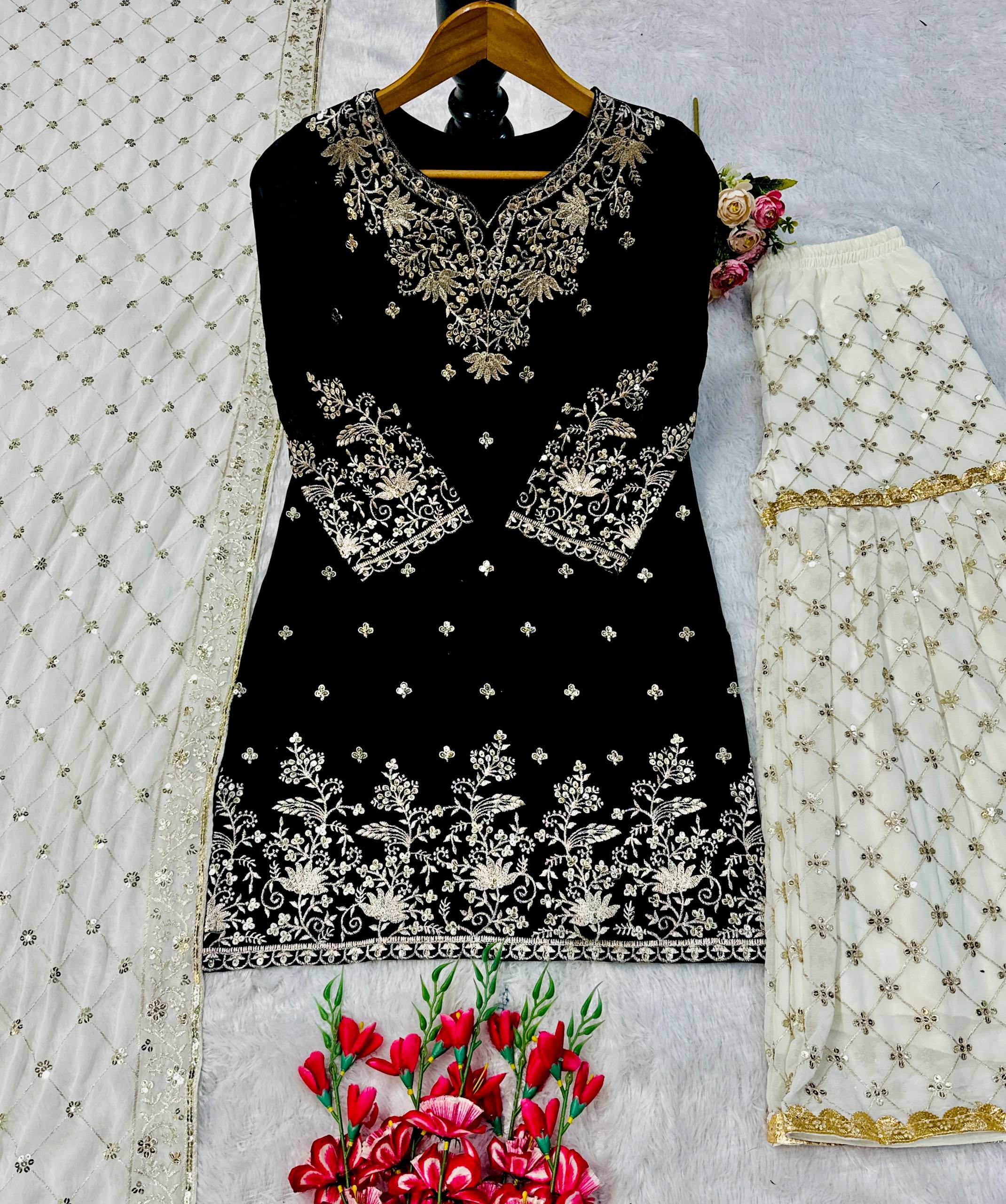 Black Partywear Top Plazzo Dupatta Set | Nardev Fashion